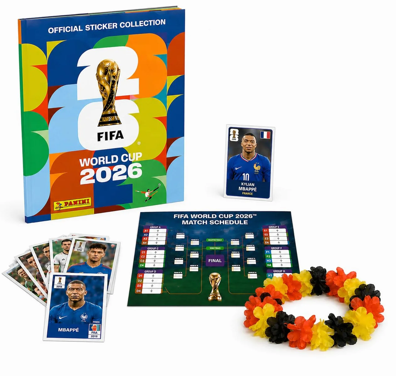 Panini WM 2026 zestaw naklejek i albumów – Mistrzostwa Świata 2026 – piłka nożna – z łańcuszkiem z kwiatów – album – plan meczów (1 torba/13 naklejek)