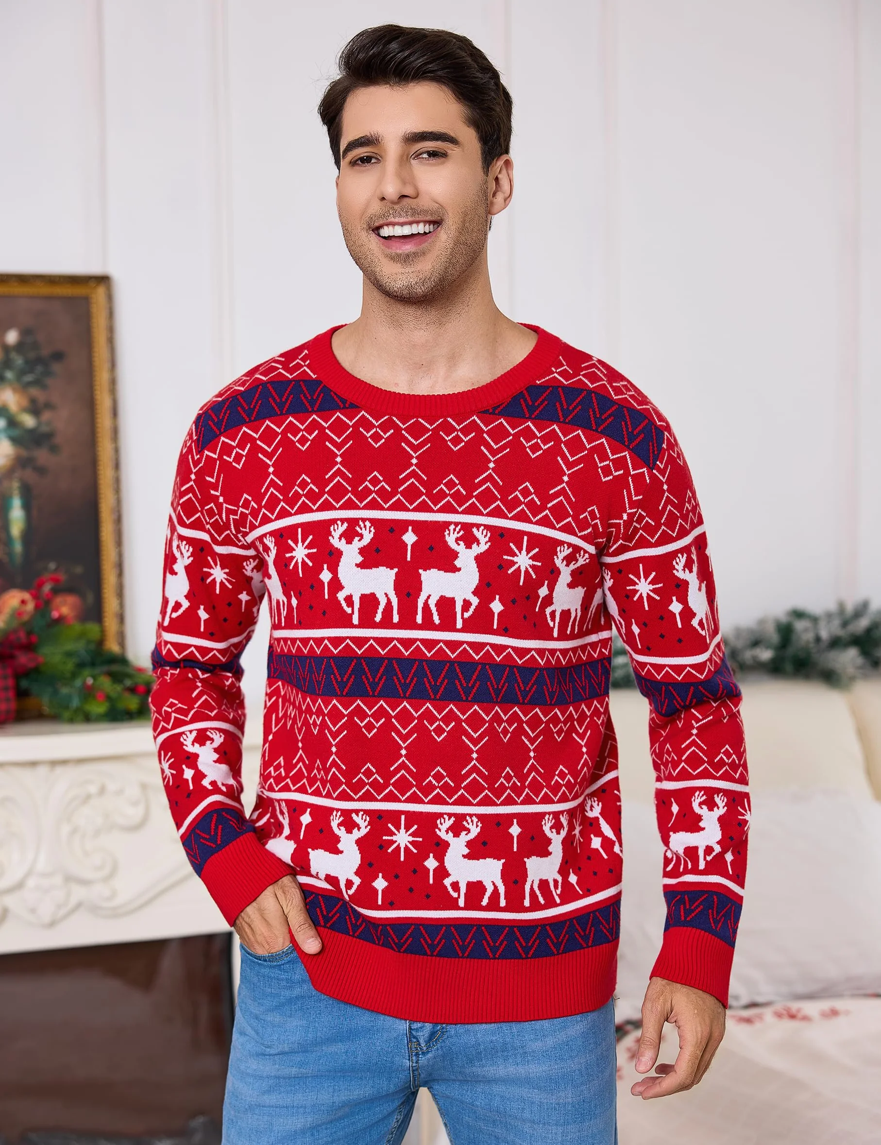 Litherday Świąteczny sweter męski zabawny renifer świąteczny nadruk oryginalny męski sweter świąteczny na zimowe imprezy S-XXL