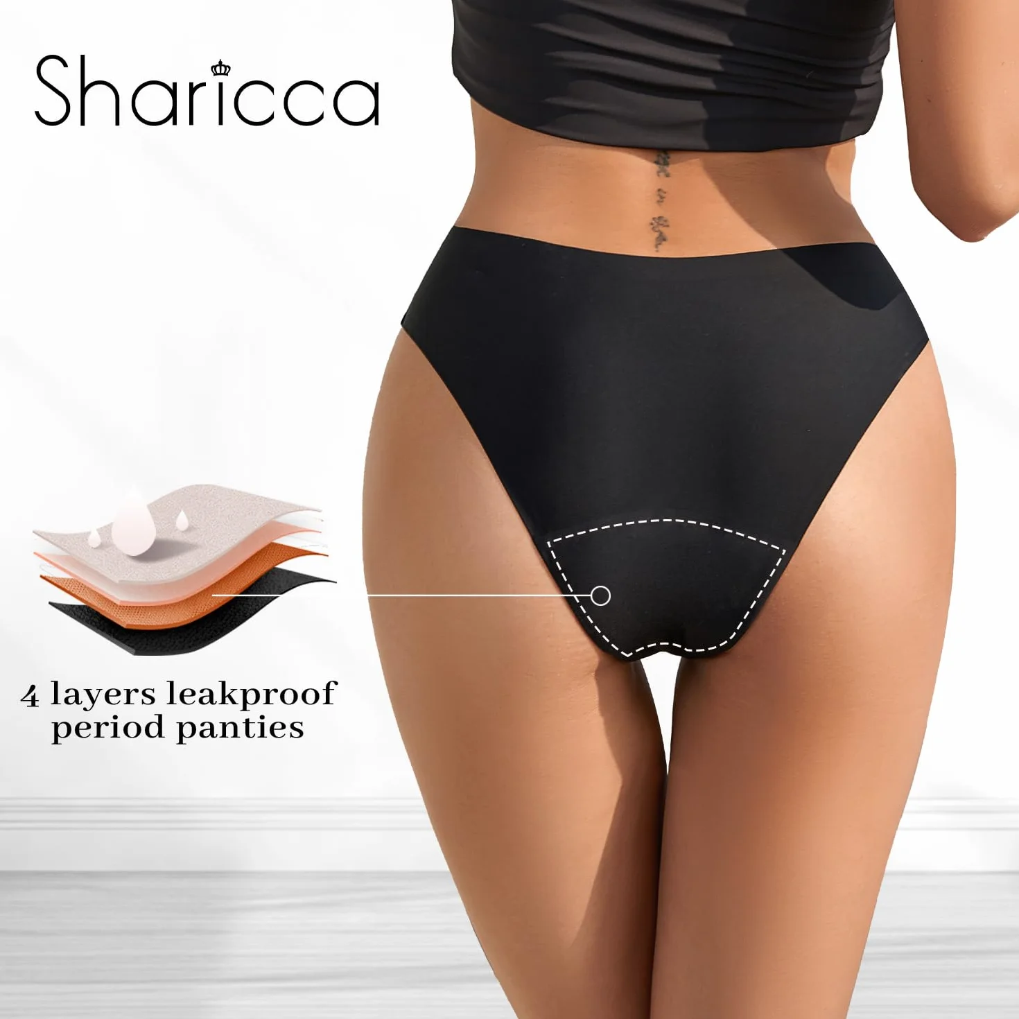 SHARICCA Okresowe spodnie bikini dla kobiet, spodnie do bikini, czarne majtki bikini, szczelne, miesiączkowe, bielizna okresowa