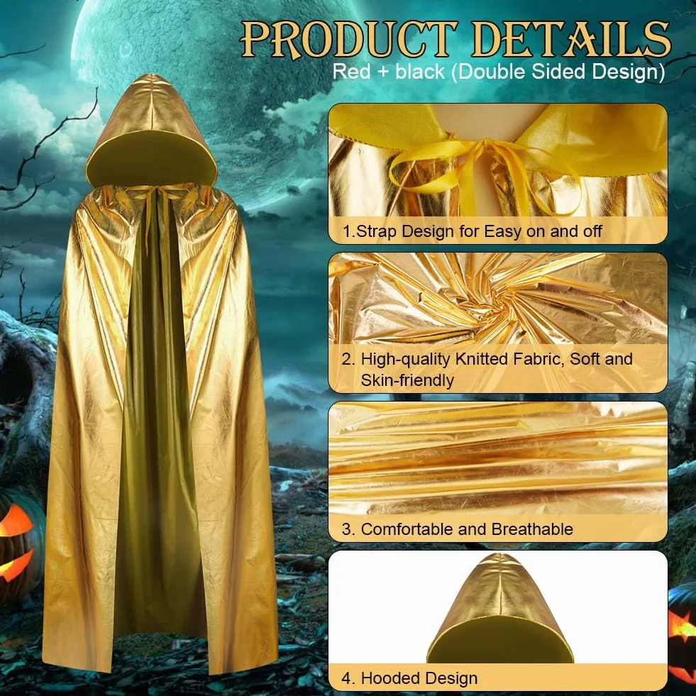 Aomig Peleryna z kapturem dla dorosłych, długa peleryna z kapturem, akcesoria dla czarownic, tajemniczy dodatek cosplay, bajkowy magik, kostium na Halloween, 150 cm, materiał do stemplowania