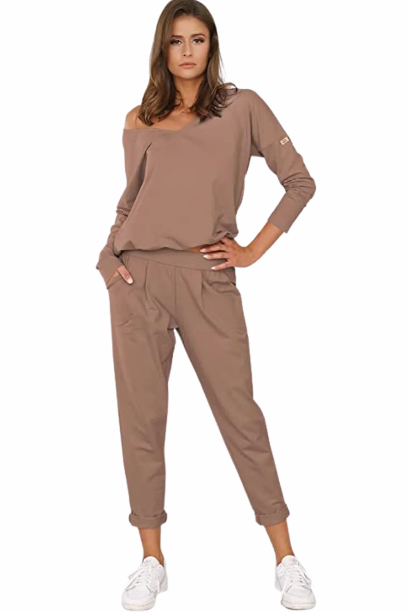 Italian Fashion IF Dwuczęściowe komplet dresowy damski spodnie i bluza z długim rękawem | Dwuczęściowy elegancki zestaw rekreacyjny na lato lub zimę, zestaw homewear do domu