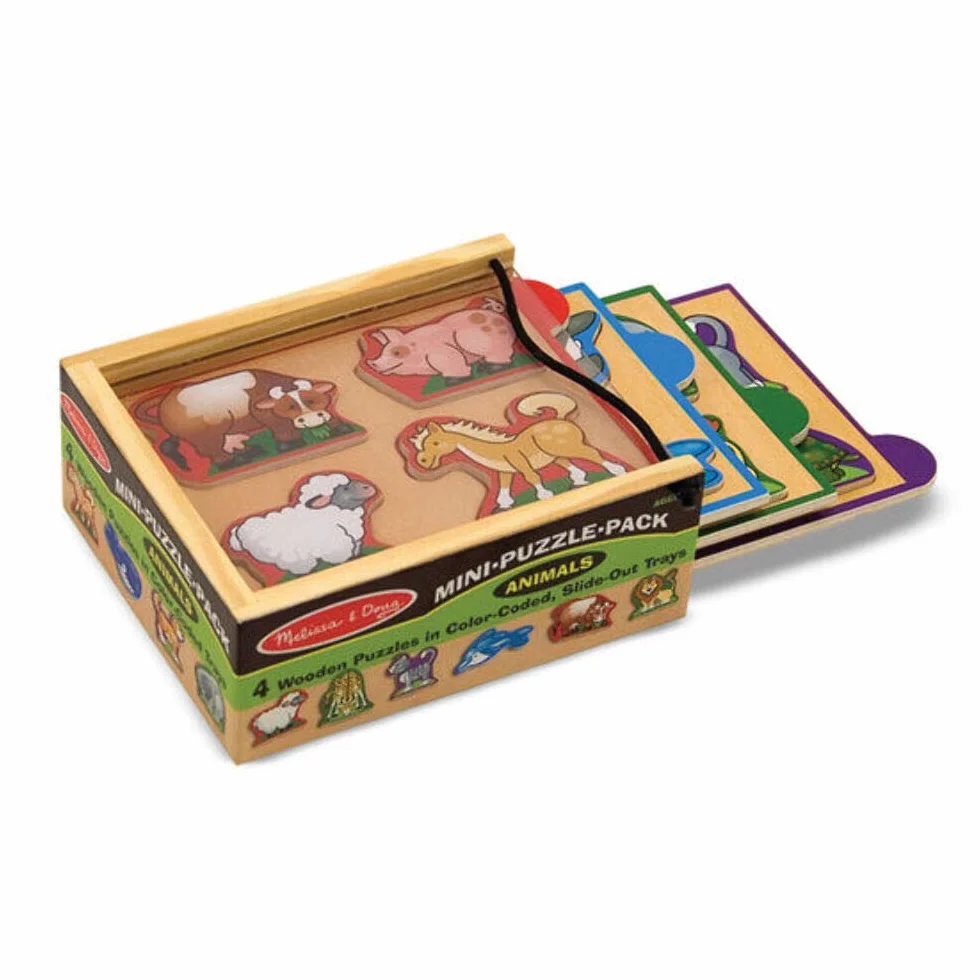 Melissa & Doug – zestaw drewnianych miniukładanek ze zwierzętami (cztery czteroelementowe układanki i pudełko do przechowywania)