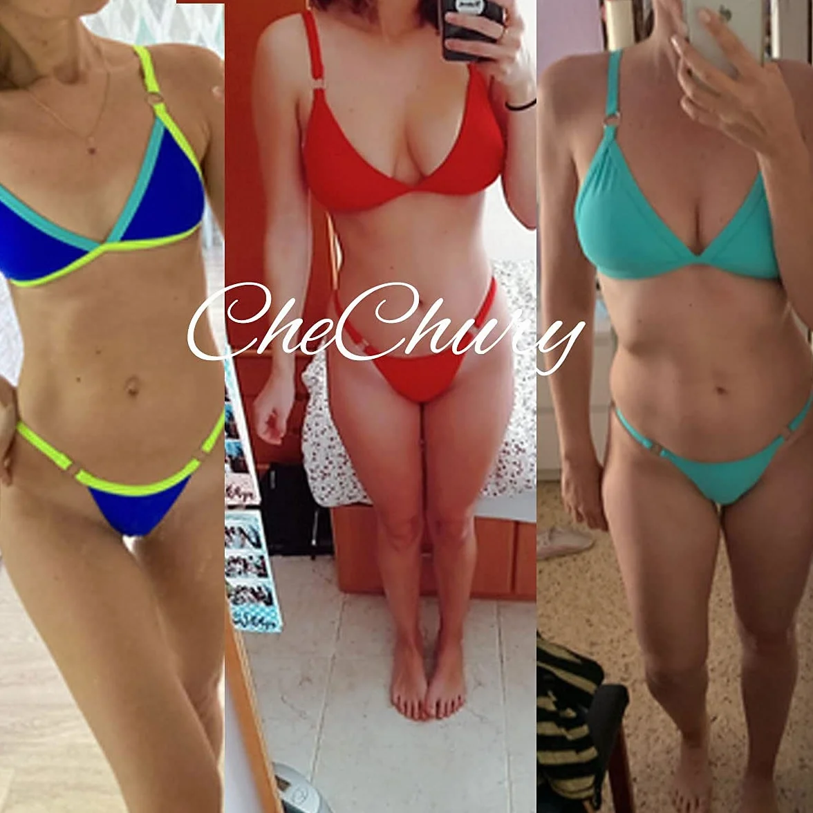 CheChury Seksowny zestaw bikini damski trójkątny top z niskim stanem stringi stroje kąpielowe stringi dwuczęściowy wyściełany kostium kąpielowy dla kobiet UK