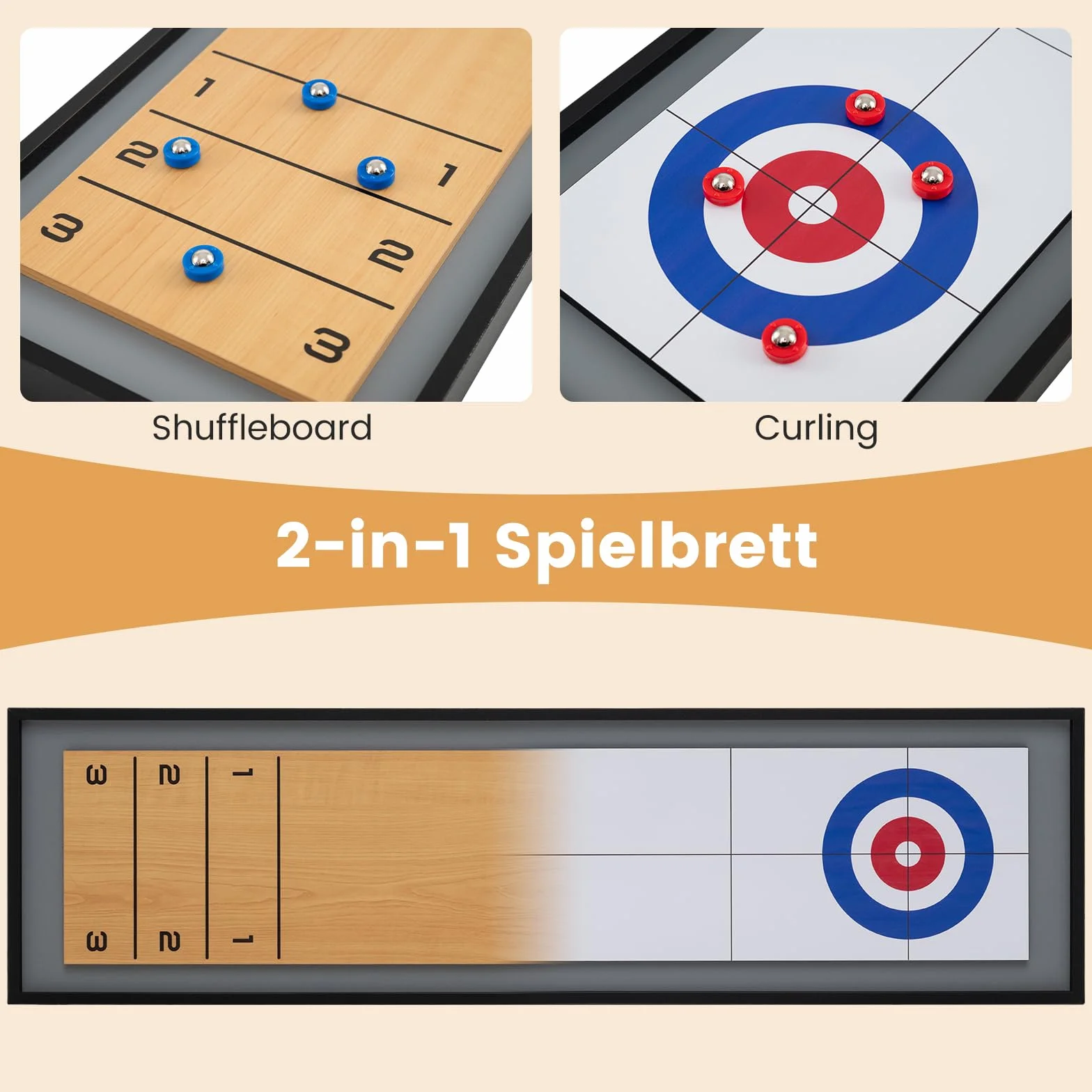 COSTWAY 2 w 1 Shuffleboard & Curling, 114 x 32 cm gra planszowa z 8 krążkami, przenośna deska stołowa, z drewna, gra w kręgle stołowe dla dzieci, dorosłych