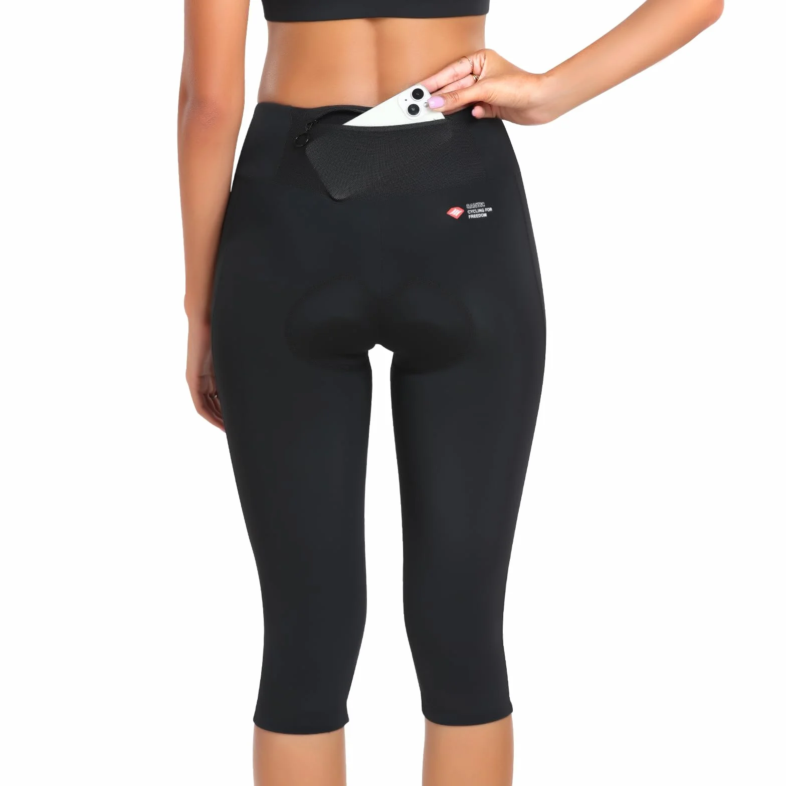 Santic Damskie spodnie rowerowe 3/4, wyściełane spodenki do jazdy na rowerze, legginsy do jazdy na rowerze, elastyczne, szybkoschnące, oddychające, czarne