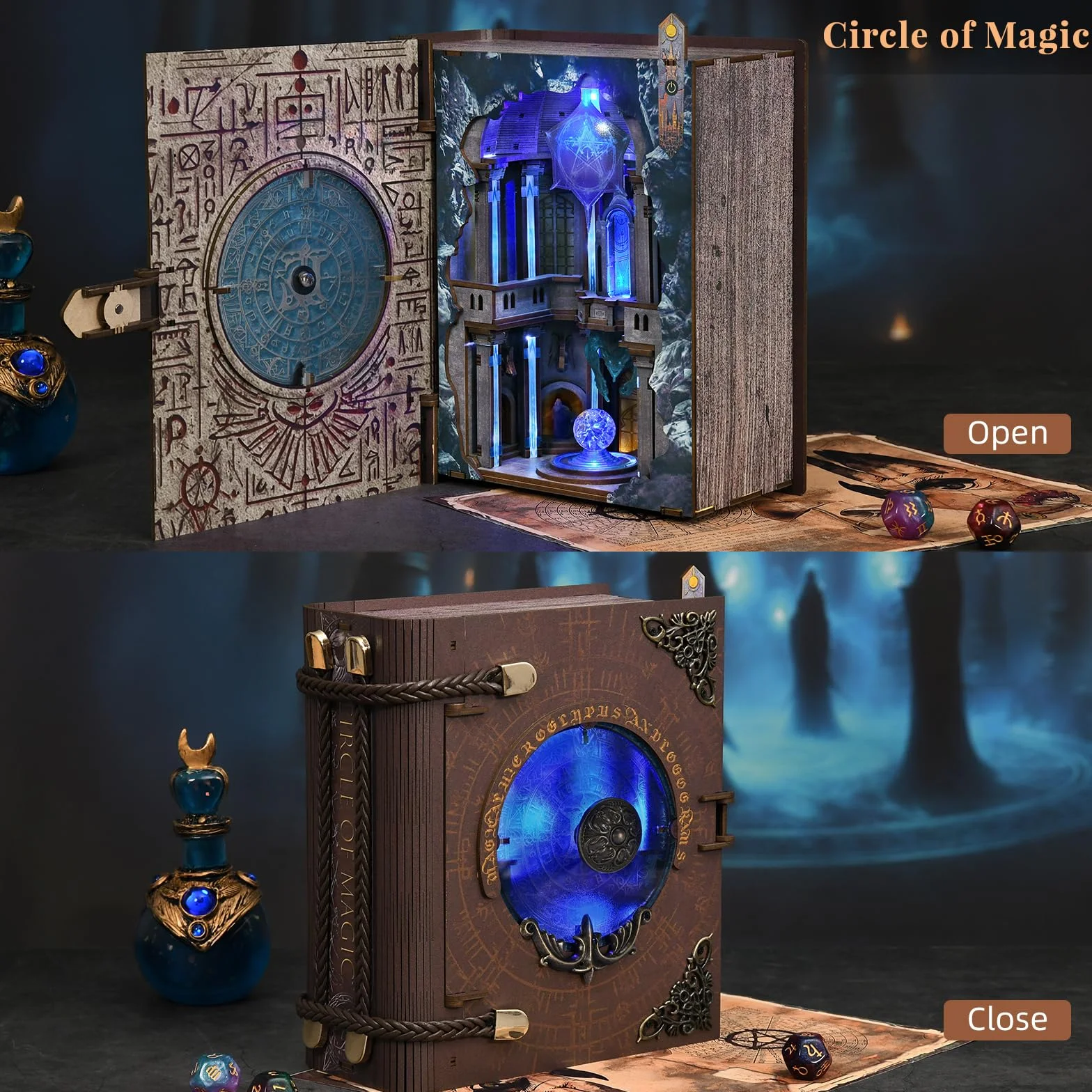 MiniCity Zestaw do budowy zakamarku książkowego dla dorosłych, puzzle z drewna DIY, miniaturowy dom 3D, dom lalek - podpórka do regału, dekoracja z oświetleniem LED, kreatywny prezent dla miłośników
