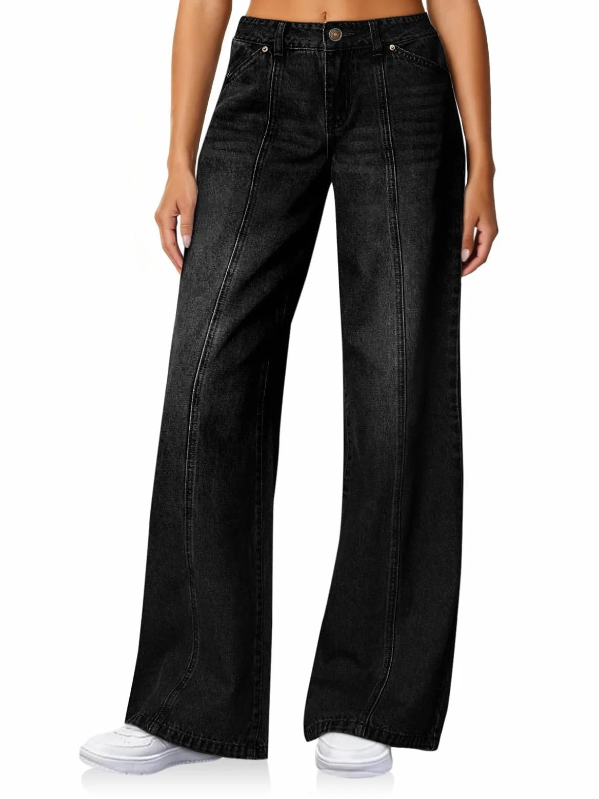 Cicy Bell Damskie dżinsy z szerokimi nogawkami Baggy z wysoką talią spodnie z przodu szew denim spodnie jeansowe z kieszeniami