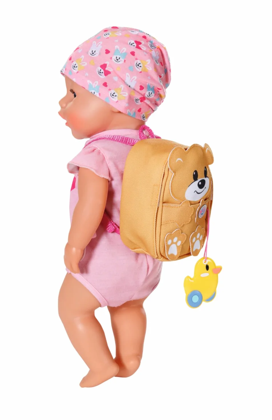 BABY born Zapf Creation 834961 plecak przedszkolny, zestaw 36 cm, żółty plecak dla lalek w kształcie misia, z pudełkiem na lunch i butelką do picia
