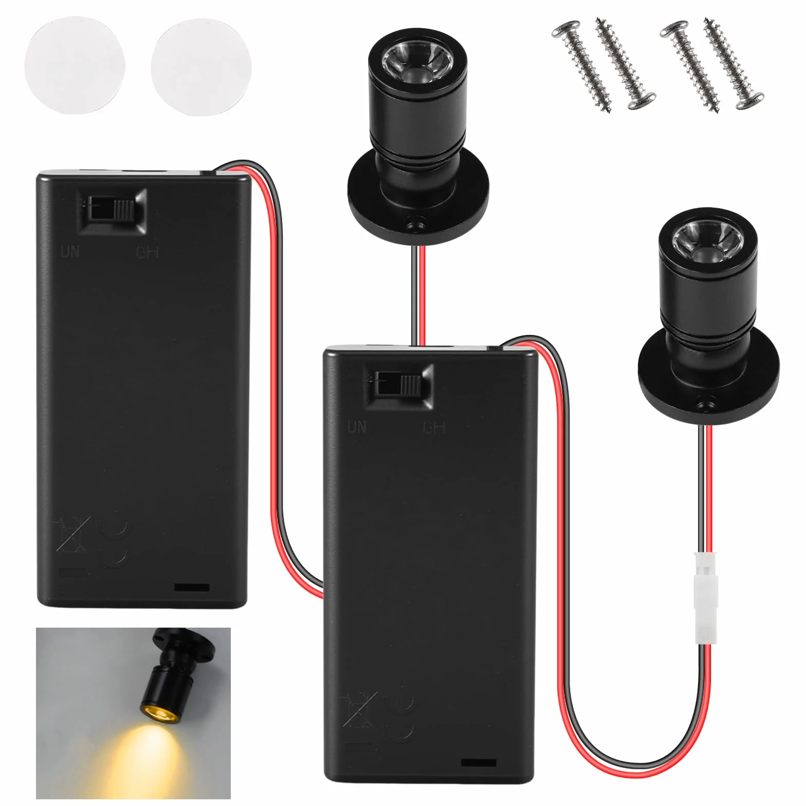 Joycabin Miniaturowe lampy LED do domków dla lalek, 3 V, 1 W, mini reflektor LED z uchwytem na baterie AA, miniaturowe akcesoria, miniaturowe światła LED do witryn, mikrodomków, dekoracja domku