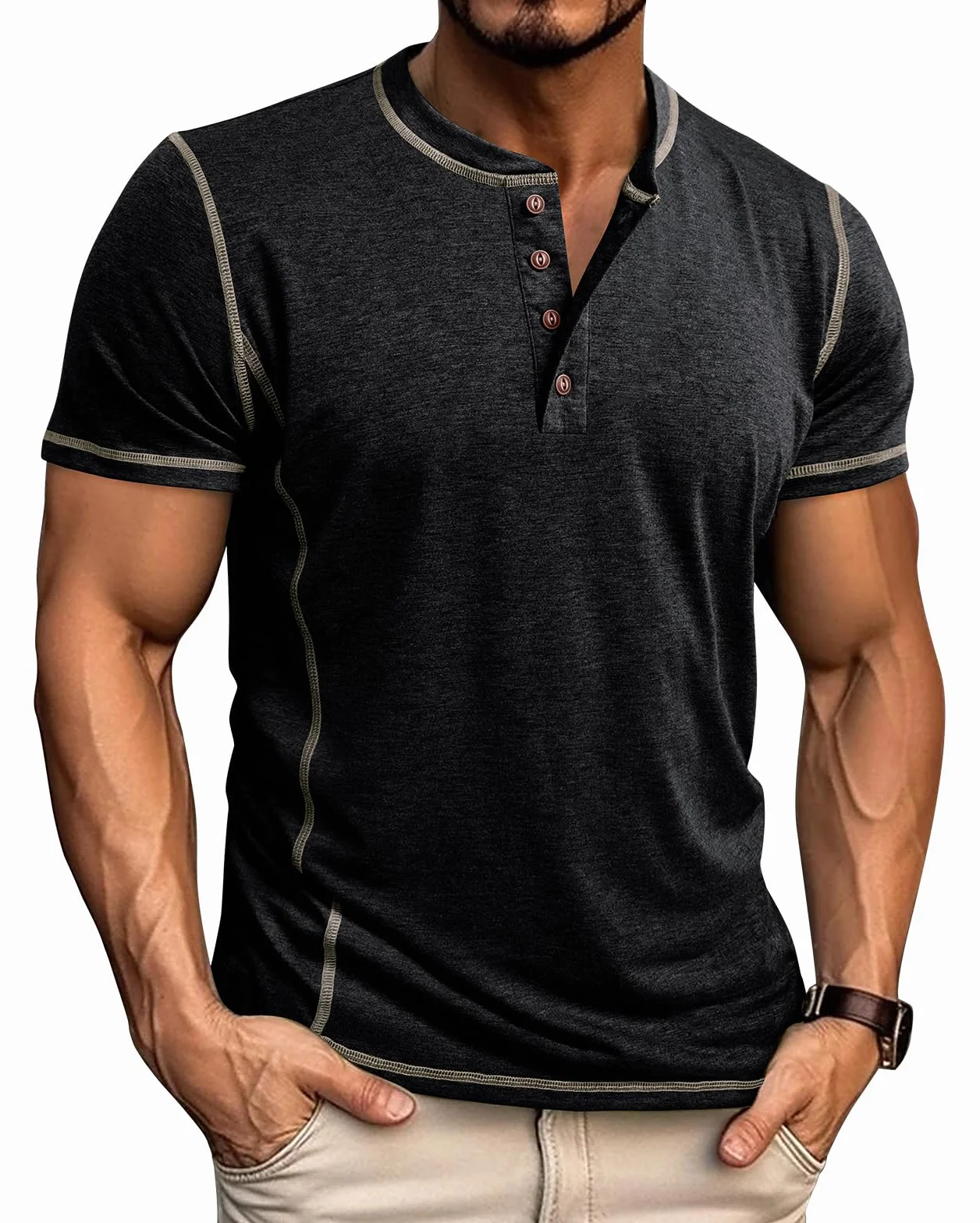 Męska koszulka z długim rękawem Długa bawełniana koszulka Henley z golfem Codzienna koszulka M-2XL