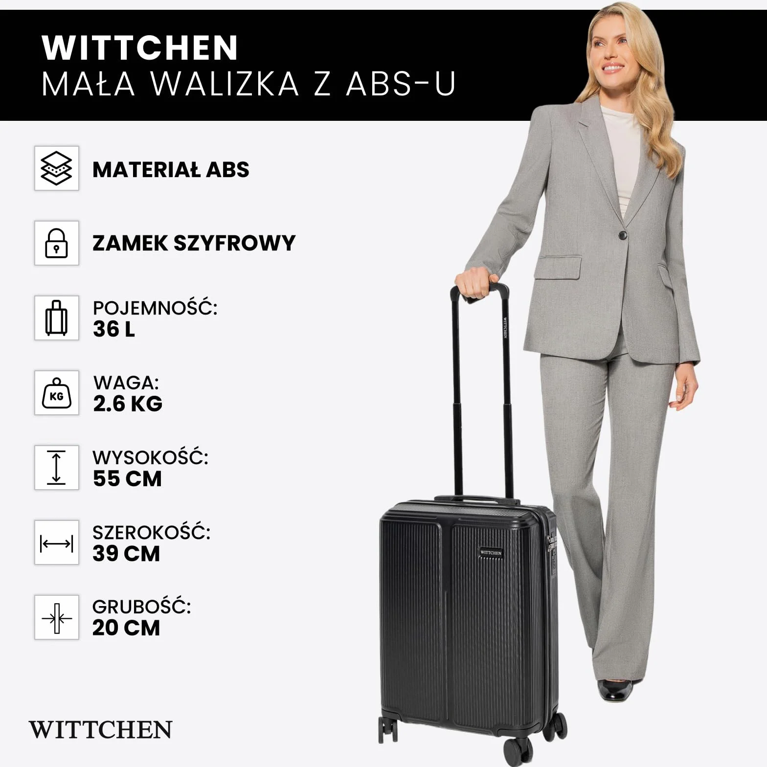 WITTCHEN Stripes Line Walizka kabinowa Bagaż podręczny Mała walizka ABS 4 podwójne kółka Teleskopowy uchwyt Zamek szyfrowy Czarny