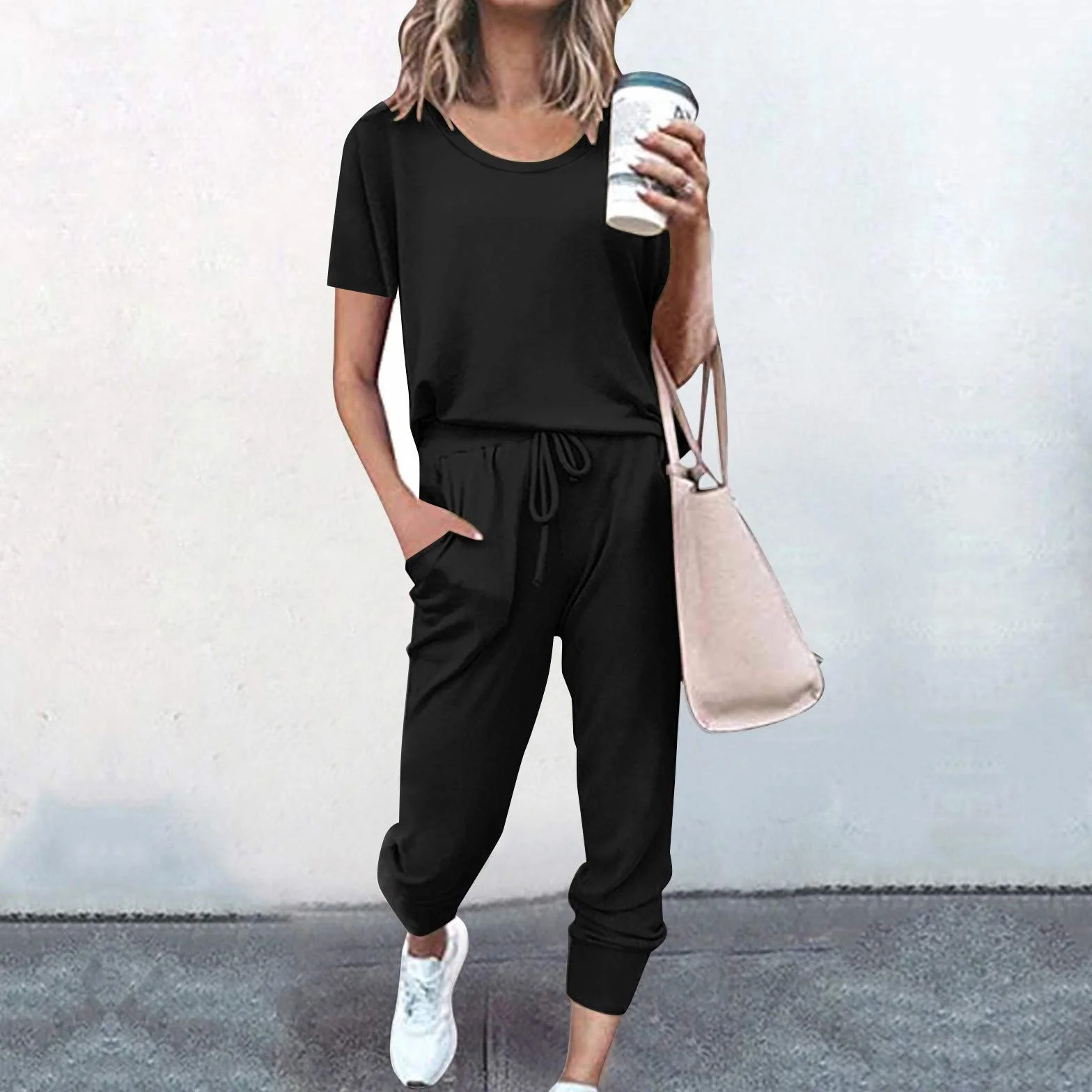 Dres do joggingu, damski, bawełna, dwuczęściowy, na lato, okrągły dekolt, krótki rękaw, koszulka ze ściągaczem, spodnie sportowe, modny, luźny dres treningowy do biegania i jogi