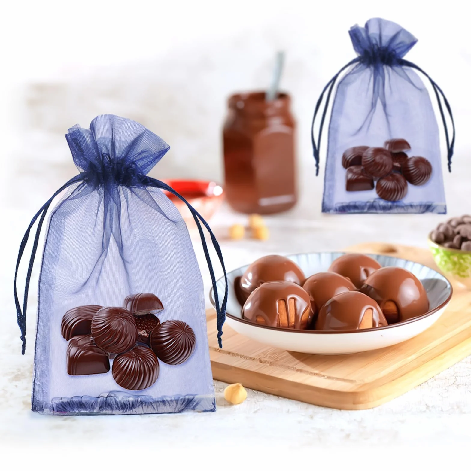 G2PLUS Ciemnoniebieskie woreczki z organzy, 10 x 15 cm, prezenty z organzy, 100 sztuk woreczków z organzy ze sznurkiem ściągającym, jako ślubne torebki na cukierki, woreczek na biżuterię, woreczek na