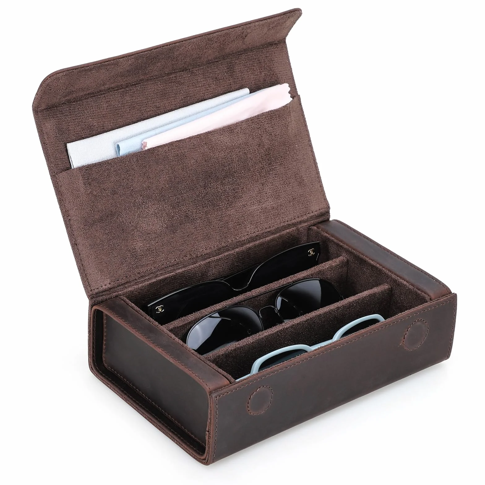Contacts Skórzane pudełko na okulary do przechowywania dla mężczyzn/kobiet, 2/4 okulary przeciwsłoneczne, etui podróżne, organizer na okulary z podszewką z mikrofibry i otworem na ściereczkę do