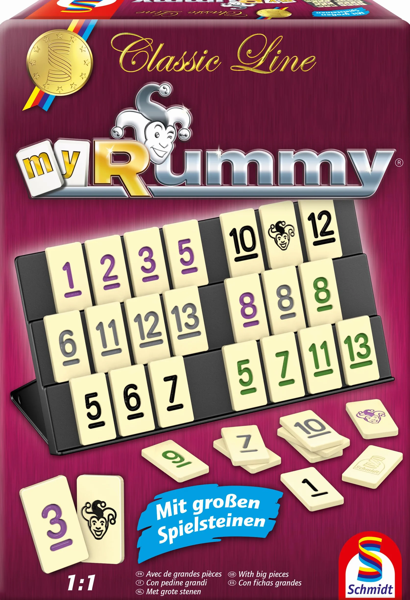 Schmidt Spiele 49474 MyRummy, Classic Line, gra z dużymi kamieniami do gry, w metalowej puszce