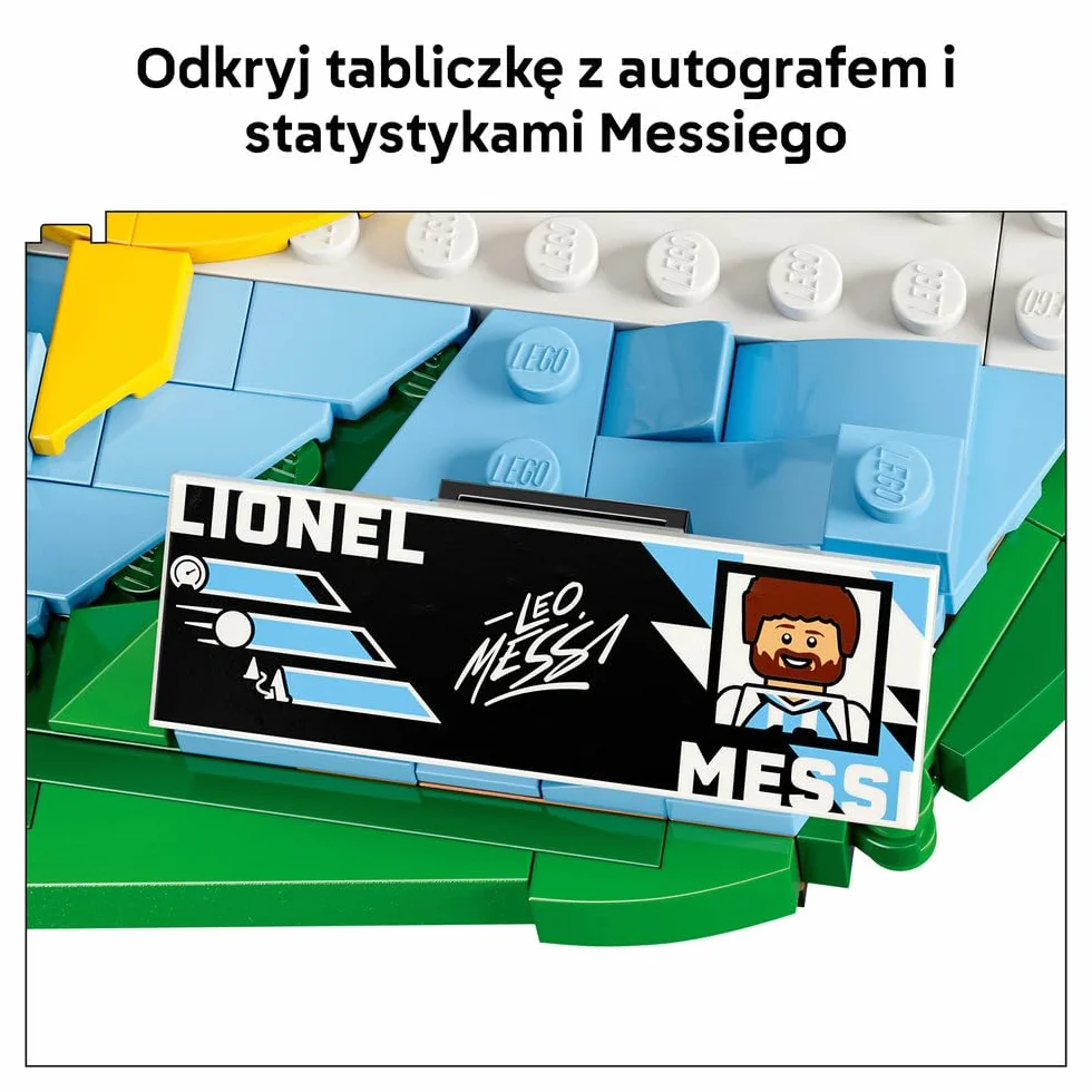 LEGO Editions Lionel Messi — piłkarskie momenty, zestaw klocków dla dzieci, piłkarska dekoracja z kolekcjonerską płytką i minifigurką, sportowy prezent dla chłopców i dziewczynek od 10 lat 43011