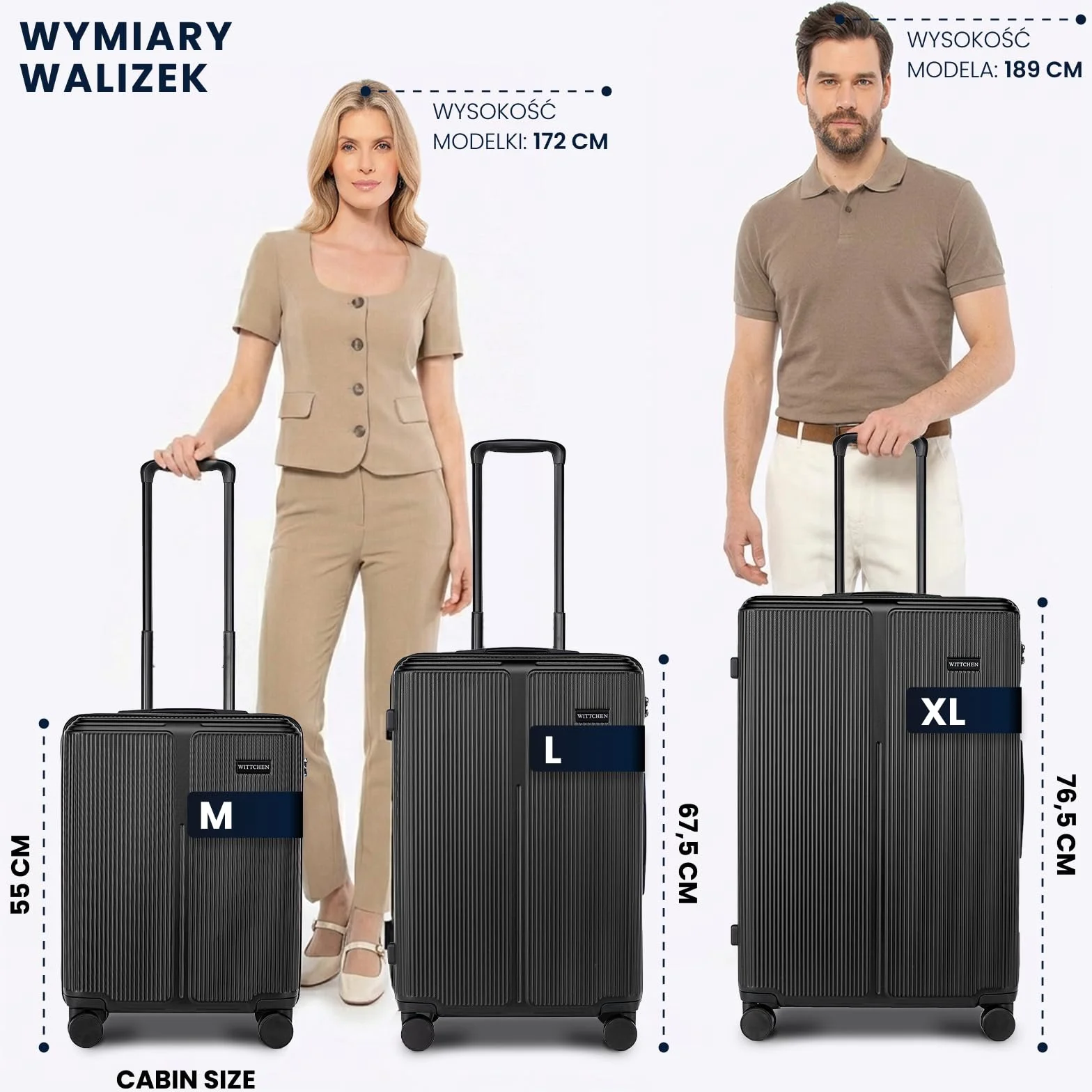 WITTCHEN Stripes Line Walizka kabinowa Bagaż podręczny Mała walizka ABS 4 podwójne kółka Teleskopowy uchwyt Zamek szyfrowy Czarny
