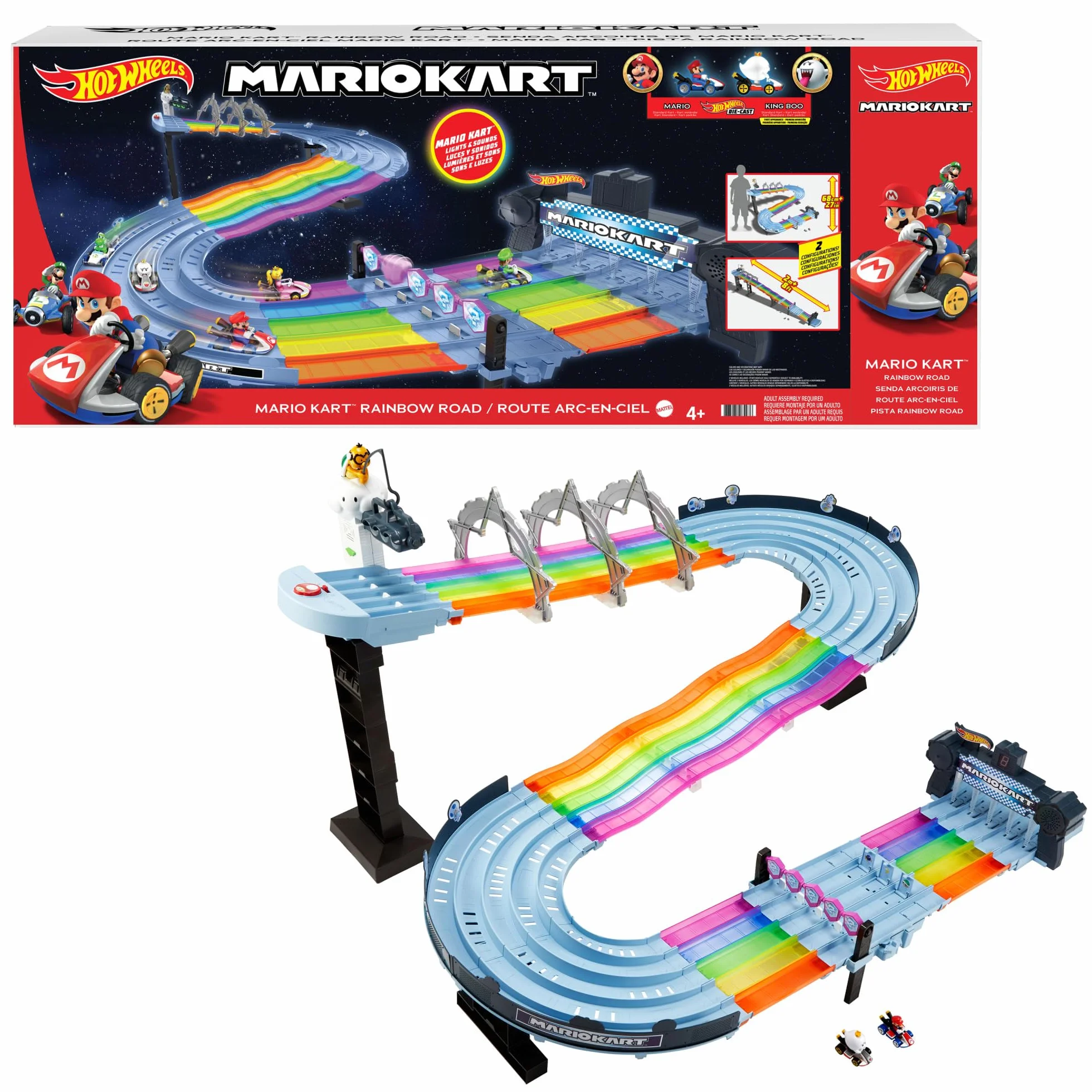 Hot Wheels Gxx41 - Tor Wyścigowy Mario Kart Rainbow Boulevard Z 2 Opcjami Montażu, Zestaw Torów O Długości 2,5 Metra, 2 pojazdy W Skali 1:64, Tor Wyścigowy Samochodzików od 4 Lat