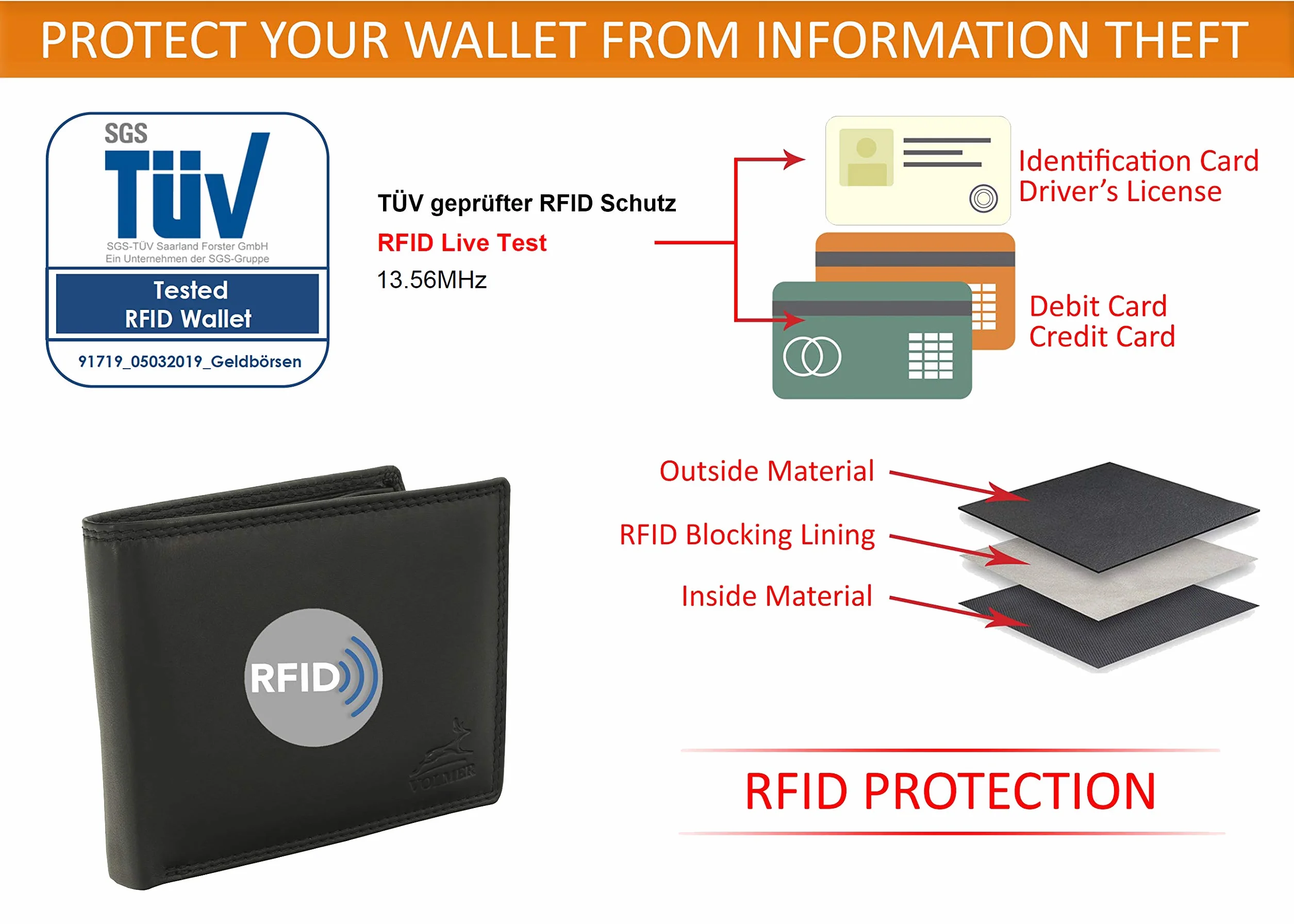 Fa.Volmer Męski brązowy/czarny skórzany portfel z ochroną RFID Prawdziwa skóra Portfel Używany wygląd # VO19, Czarny (Black), Trifold, Trifold