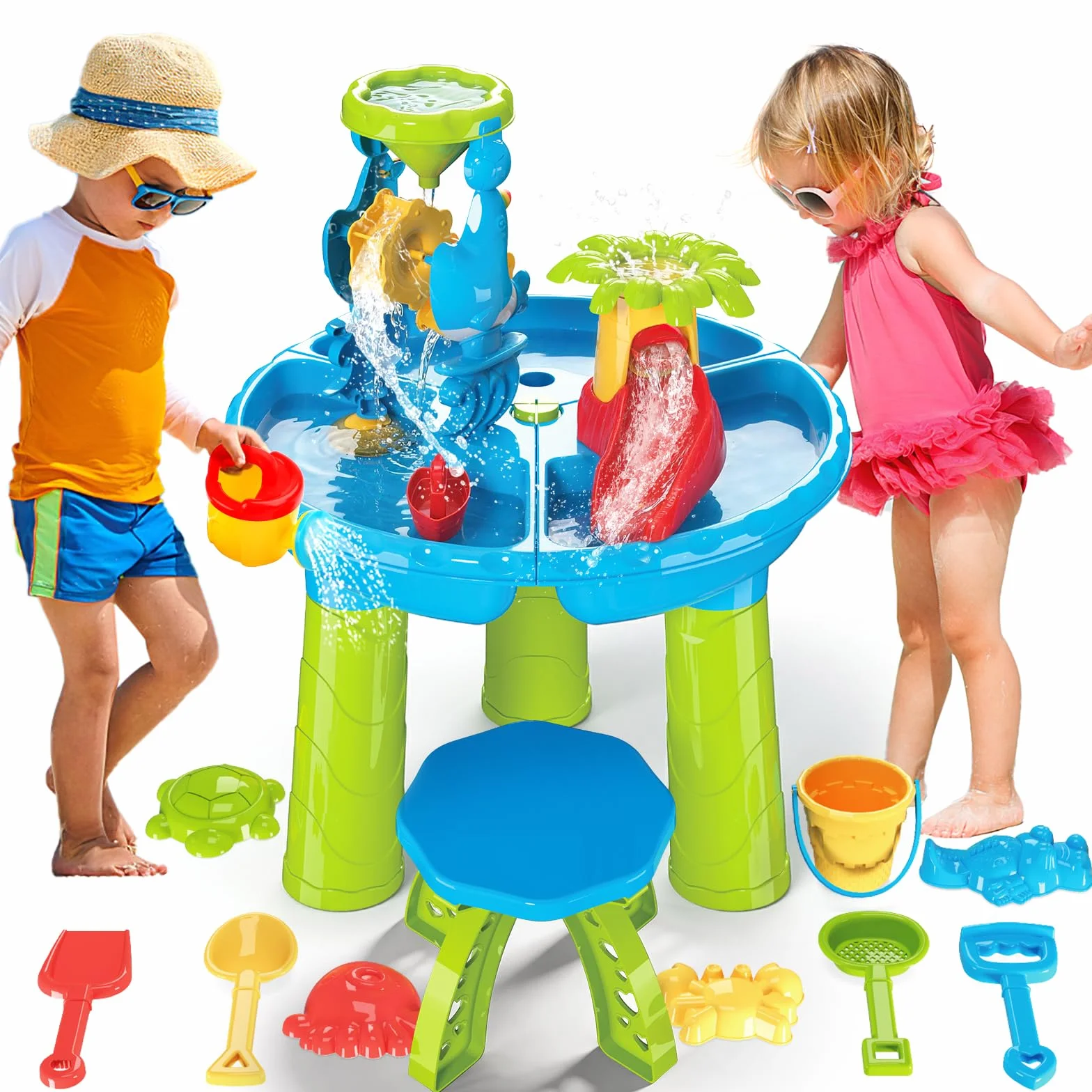 deAO Stół do zabawy wodnego 4 w 1, stół wodny dla dzieci, do użytku na zewnątrz, w zestawie forma do piasku, szufla, konewka, aktywność sensory play, stół do wody, zabawka dla dzieci od 2, 3, 4 lat,