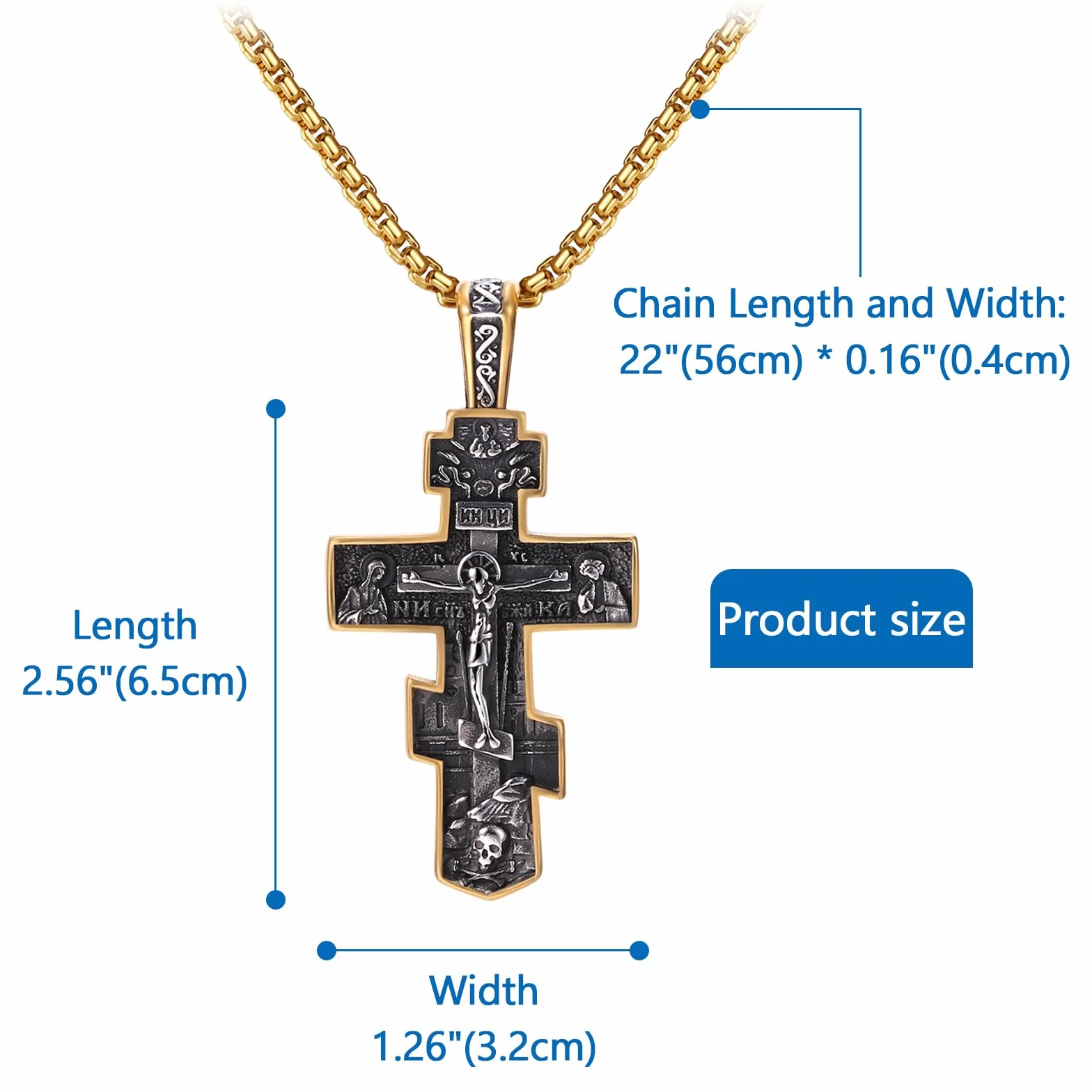 JewelryWe Biżuteria męska zawieszka łańcuszek ze stali nierdzewnej duży katolicki Jezus Chrystus INRI krucyfiks krzyż wisiorek z łańcuszkiem weneckim 55 cm srebrny/złoty