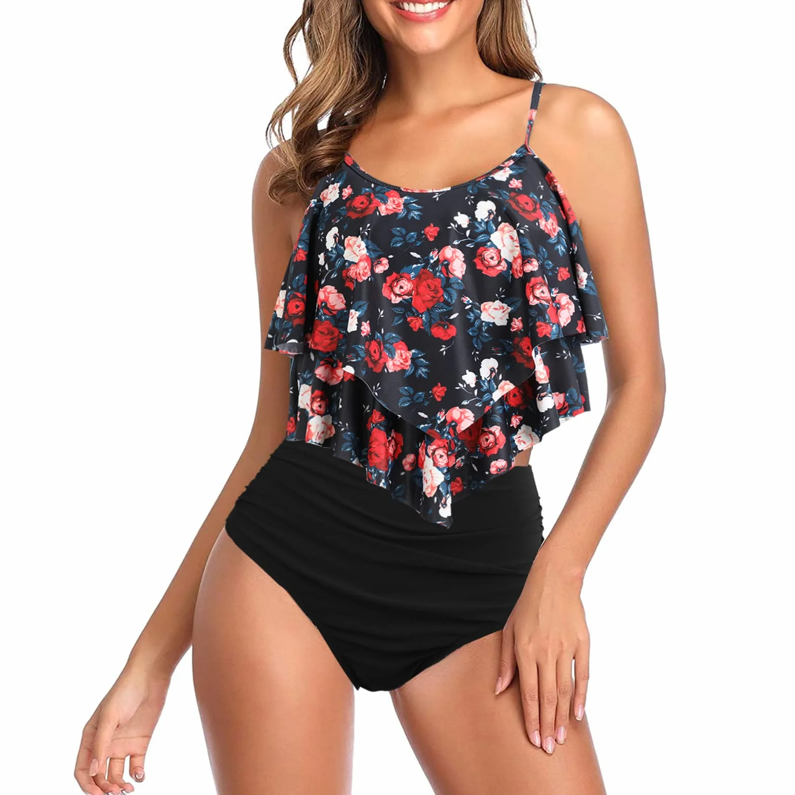 Genfien Damski dwuczęściowy strój kąpielowy z falbankami i wysokim stanem Push Up Bikini Vintage Bikini Set