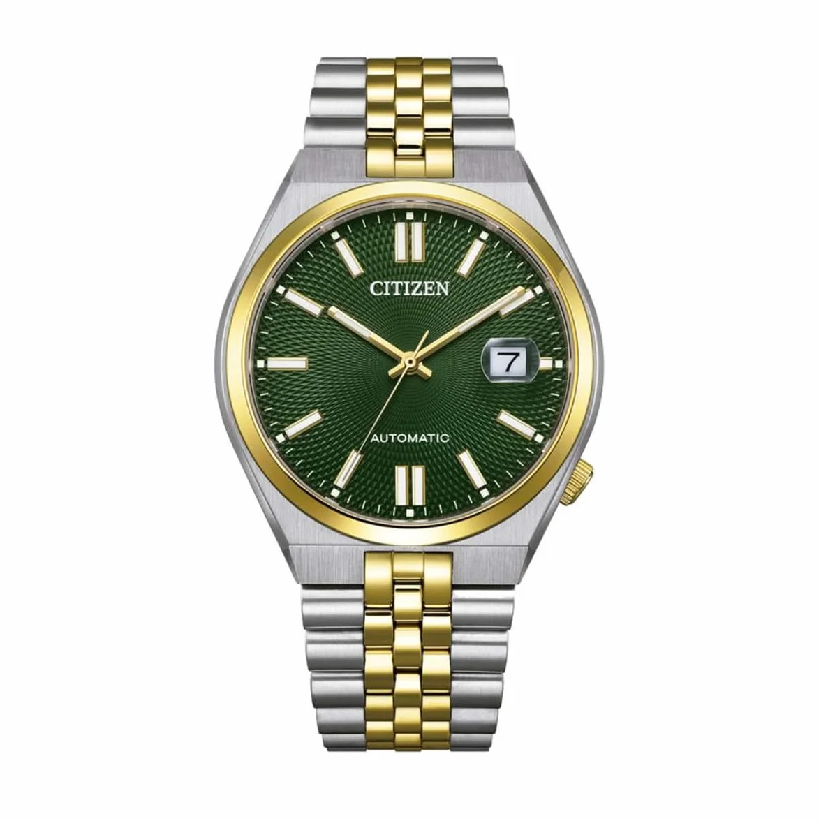 Citizen Tsuyosa 60 NK0024-54X Dwukolorowy stalowy zegarek mechaniczny unisex ze złotą tarczą i zielonym szafirowym szkłem 40 mm