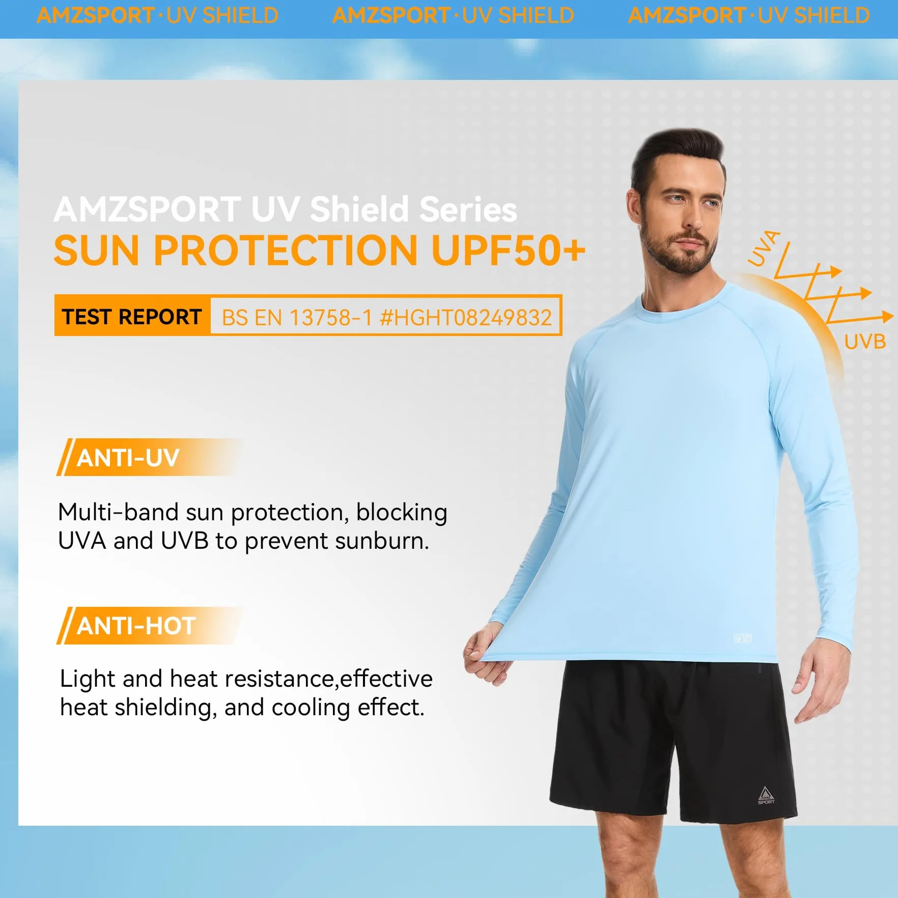 AMZSPORT Męska koszulka UV Rashguard UPF 50 koszulka z długim rękawem i koszulka z krótkim rękawem, ochrona przed słońcem, oddychająca, szybkoschnąca, ochrona przed słońcem, do wędkowania, surfowania
