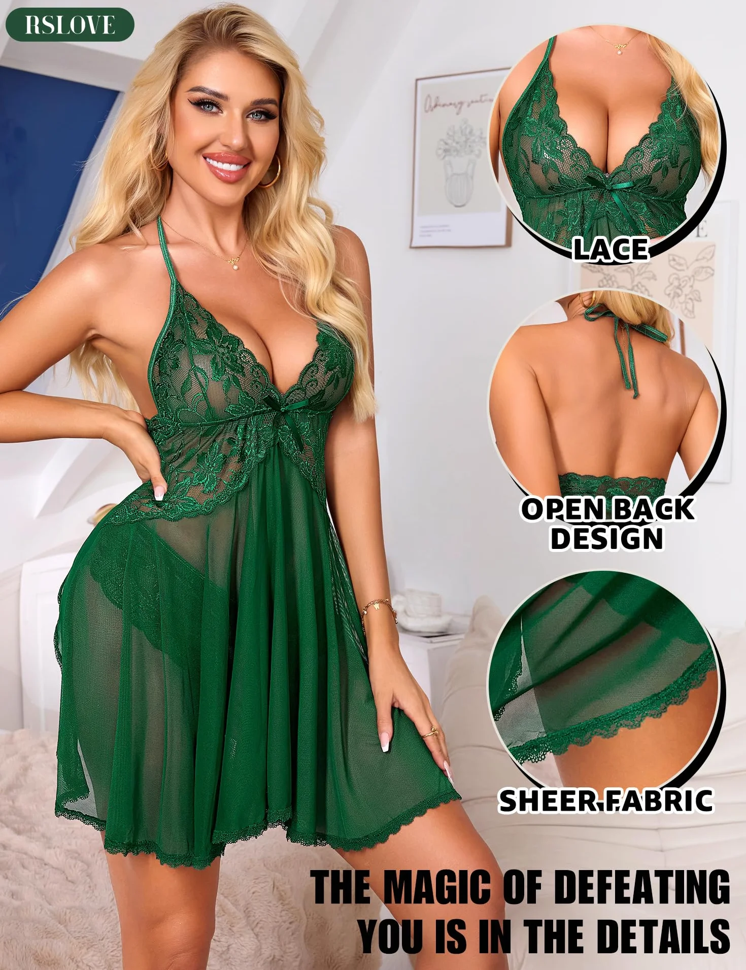 RSLOVE Seksowna bielizna nocna dla kobiet - Koronkowe koszule nocne Babydoll z bielizną