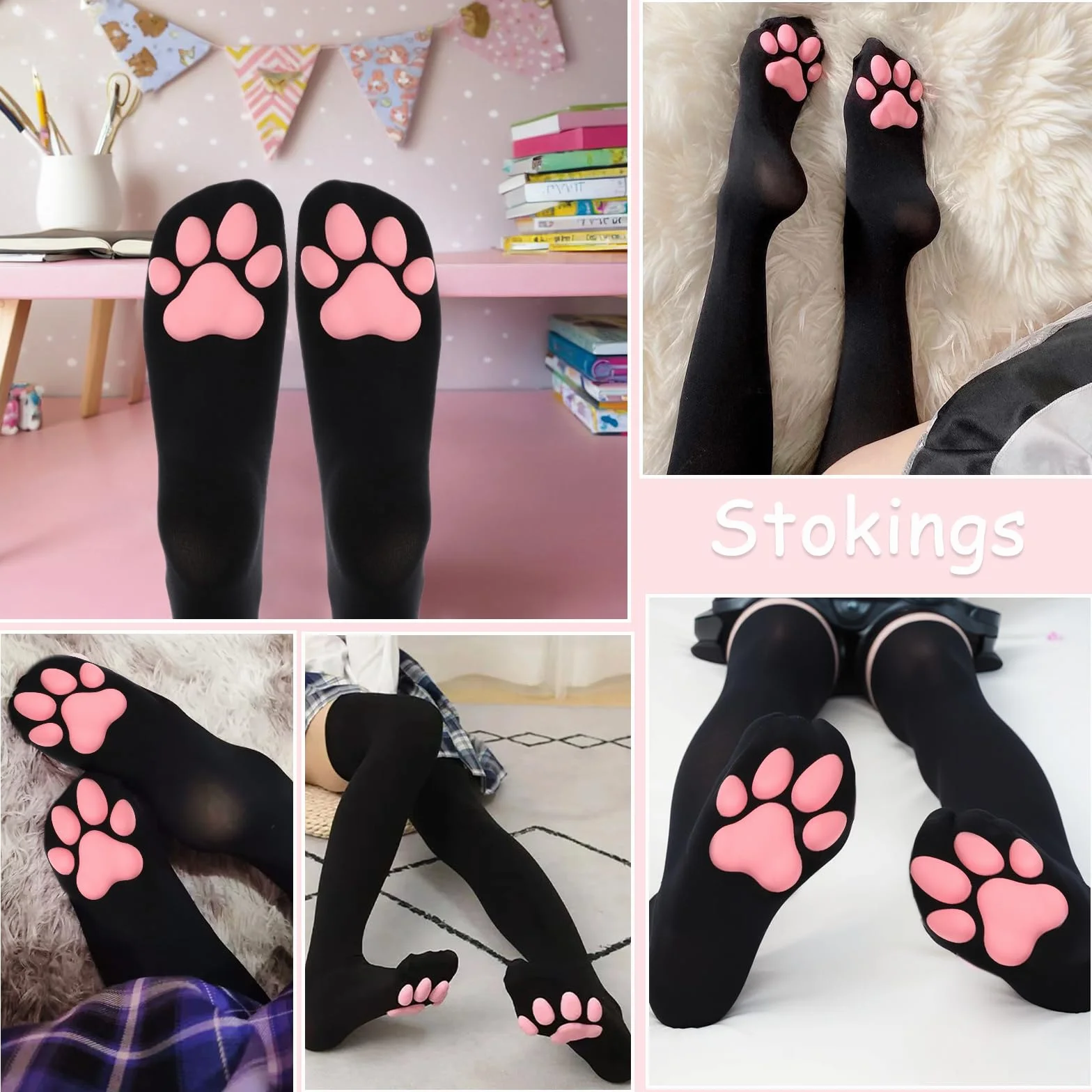 Lusofie Skarpety z łapą kota dla kobiet urocze wysokie skarpety do ud Kawaii miękkie 3D skarpety z łapą kota do kostek skarpety do kolan do cosplayu na Halloween, Czarny, Medium-Large