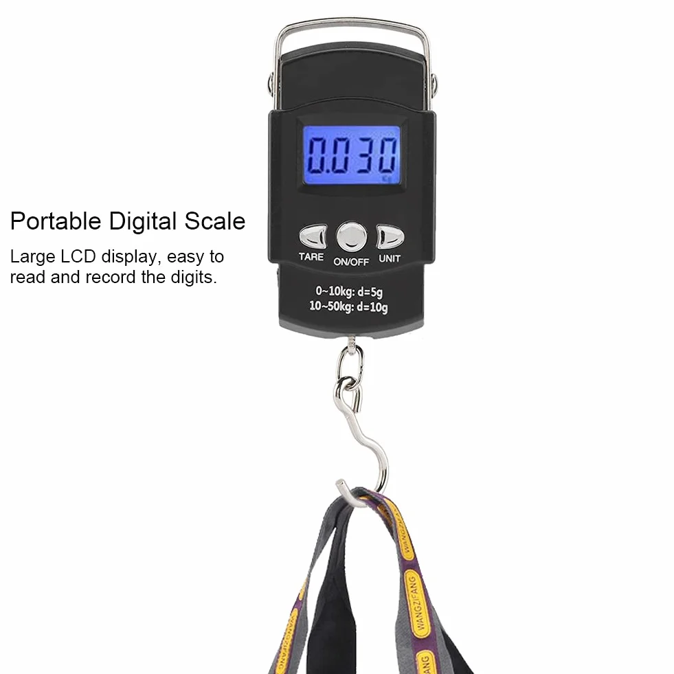 50KG/10G Waga Rybna, Elektroniczna Waga z Taśmą Mmeasure Przenośna Elektroniczna Cyfrowa Waga LCD z Hakiem na Taśmę Mierniczą do Torby na Sprzęt, Bagażu, Bagażu