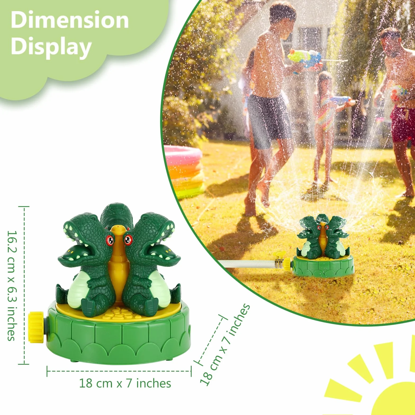 MoKo Dinosaur Sprinkler for Kids-Cute Outdoor Water Toy Spray Swimming Pool Toy with 2 Hose Clamps 3 Nozzles Fun Summer Play Water Toys for Backyard Lawn Garden Game Activities Pet Boys Girls, Green