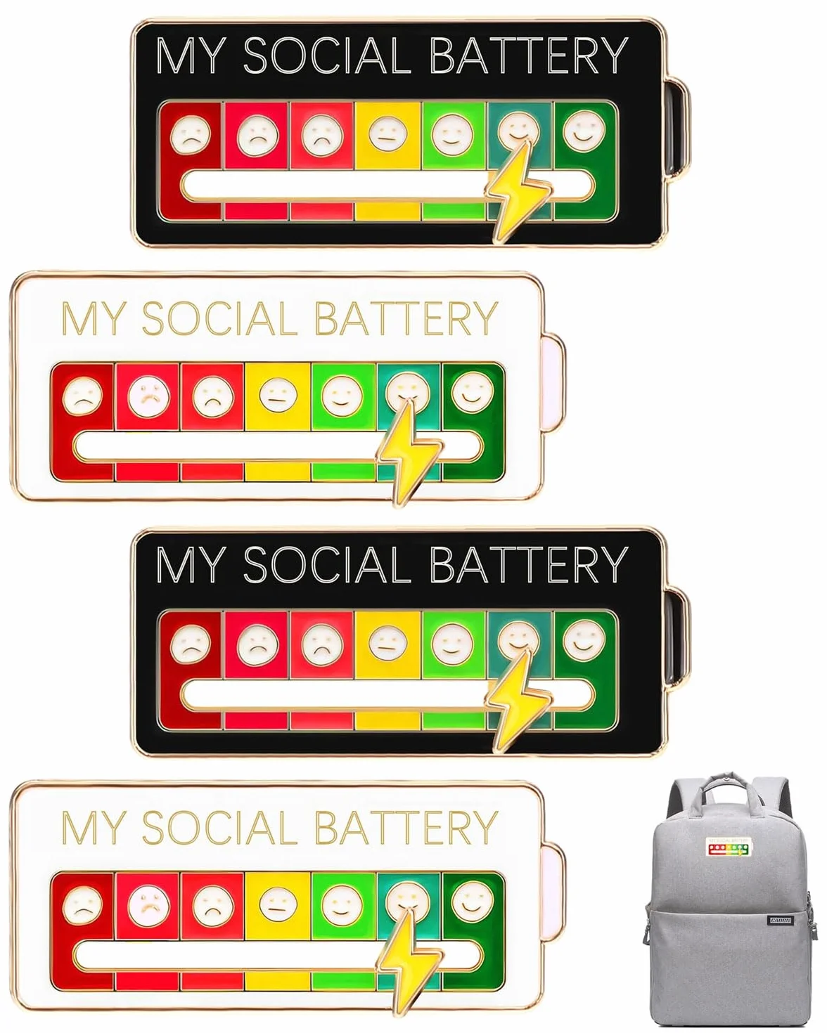 4 szt. Social Battery Pin, Suwak Social Battery Badge, My Social Baterie Pin My Social Pin Social Pin Bateria Social Pin 7 dni, czarny + biały, A