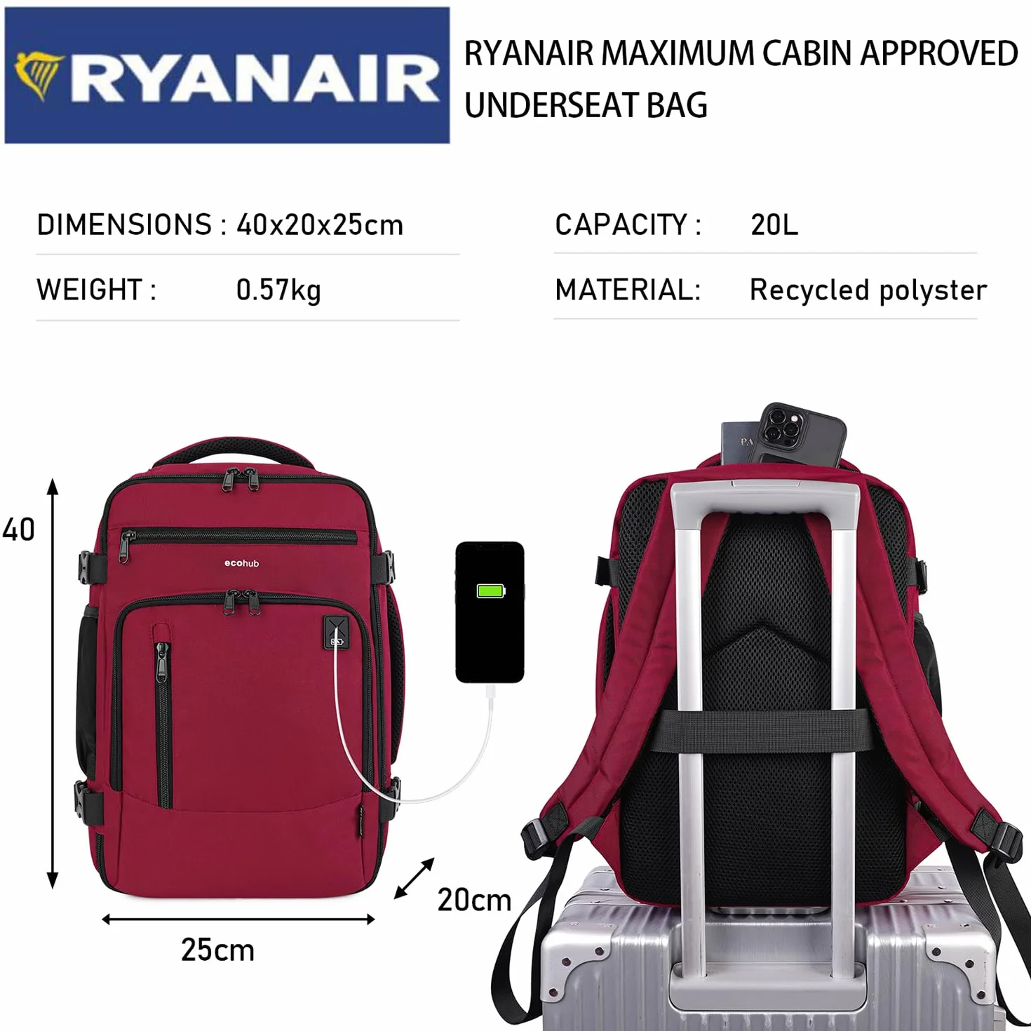 ECOHUB Ryanair Torba kabinowa 40x20x25 Plecak na bagaż podręczny Recyklingowany PET Eco Friendly Torba pod siedzenie 20L Patented(Czerwony)
