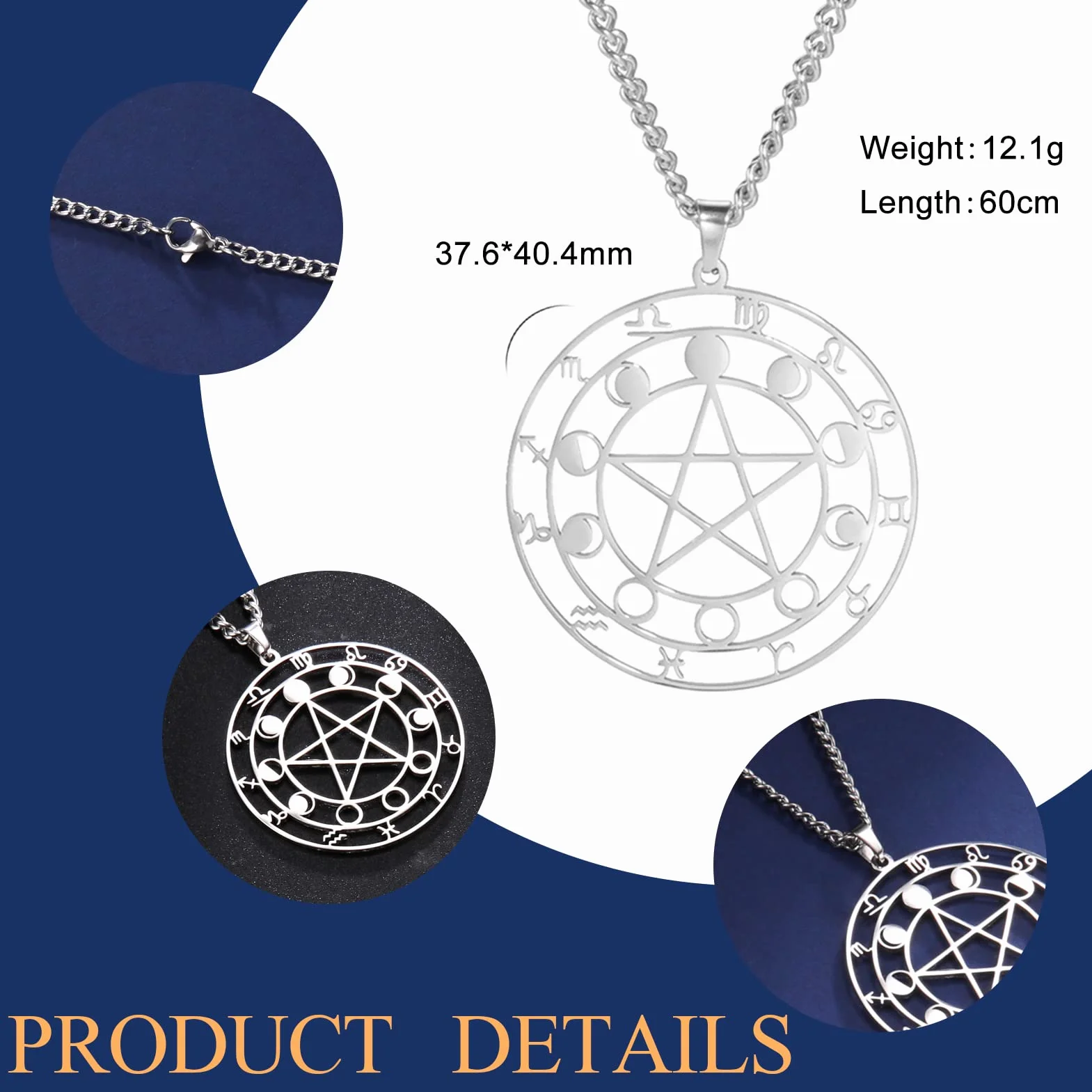 Dreamtimes Naszyjnik z wisiorkiem ze stali nierdzewnej, pentagram, 12 konstelacji, wisiorek celtycka, gwiazda, księżyc, wiccan, pogański naszyjnik, magiczny amulet, biżuteria dla mężczyzn i kobiet