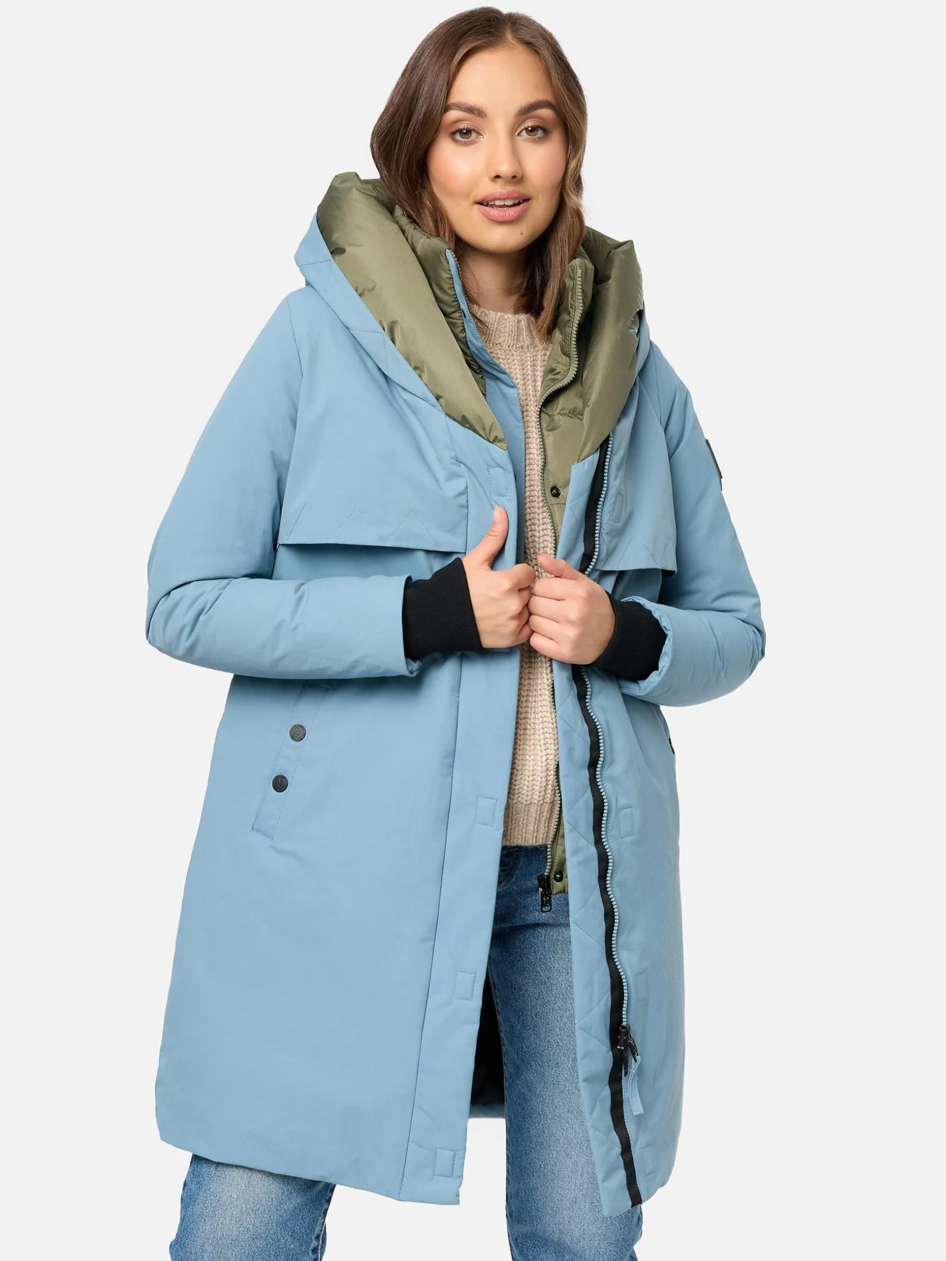 Navahoo Damski płaszcz, długi, ciepły, zimowy, pikowana kurtka z kapturem, Snowelf XS-XXL