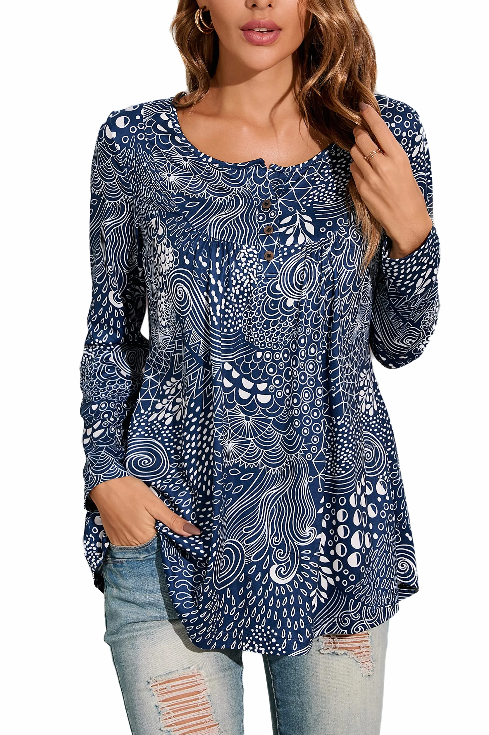 Enmain Damska tunika, koszulka z długim rękawem, tunika, długa koszulka damska, duże rozmiary, dekolt w serek, długa bluzka na co dzień, elegancka tunika, top z guzikami, wzór Paisley, S-3XL