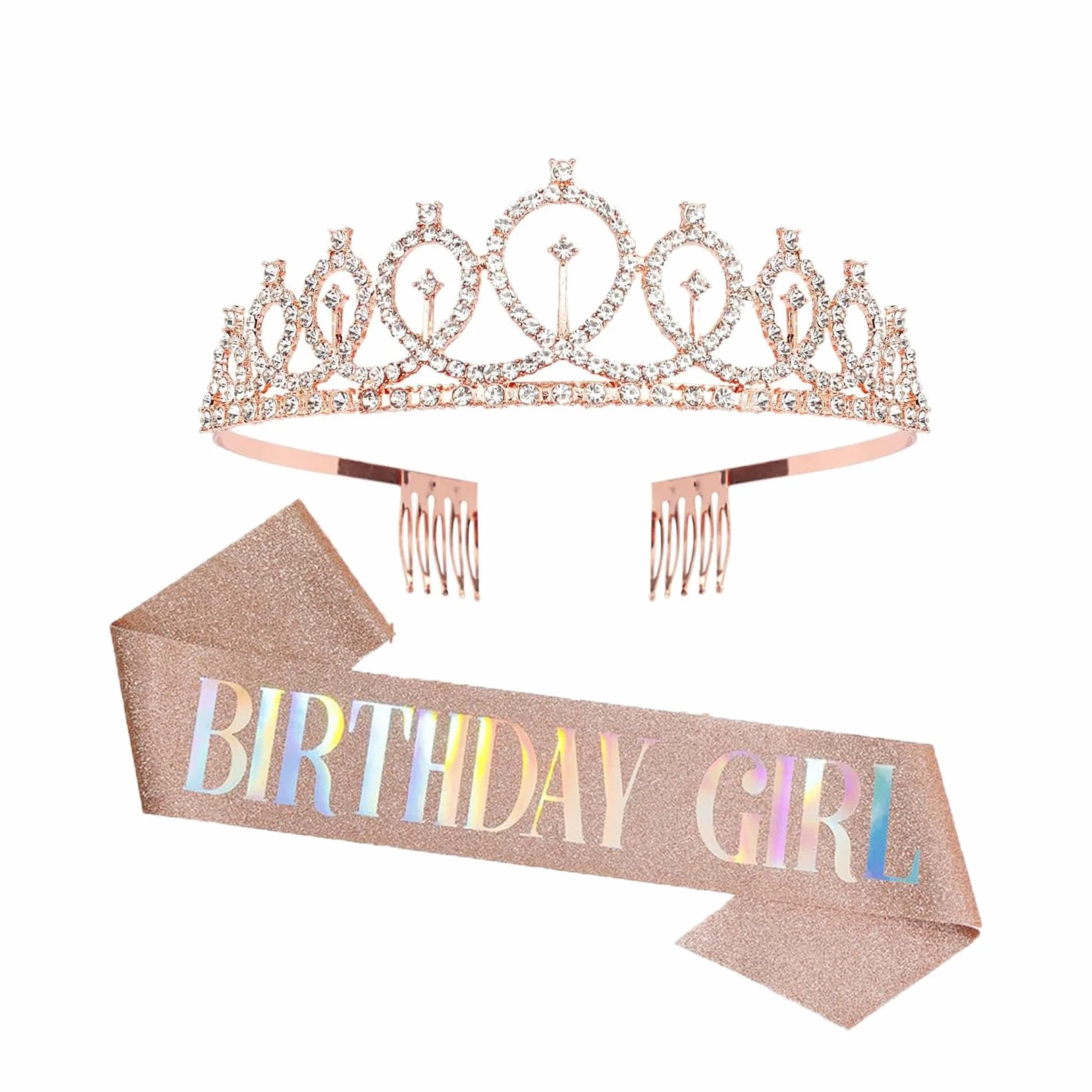 Birthday Girl zestaw szarfy, korona urodzinowa dla dziewczynki, z brokatową szarfą, akcesoria urodzinowe, dekoracja na urodziny, prezent, imprezę, akcesoria i dekoracje (różowe złoto)