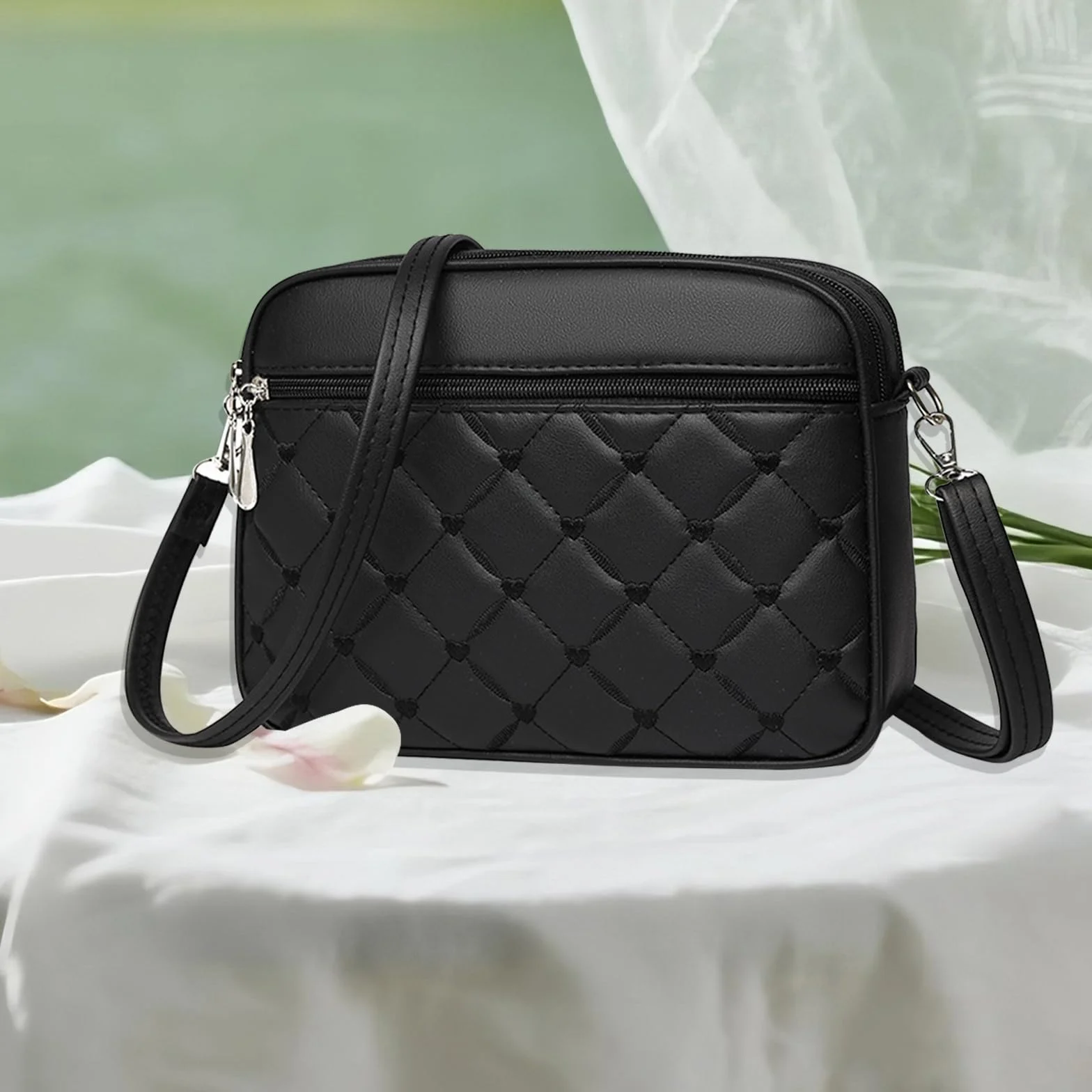 Damska torba na telefon komórkowy ze skóry PU Crossbody Bag torebka na ramię damska mała stylowa torebka na telefon komórkowy czarna haftowana karo torebka ręczna z odpinanym paskiem na ramię dla