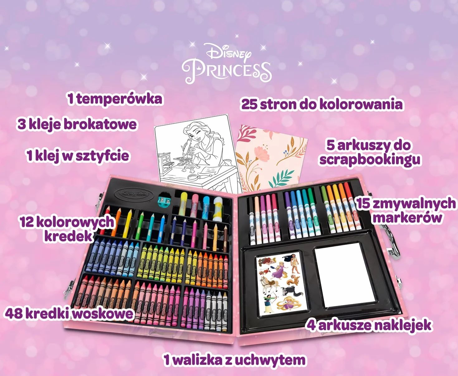 CRAYOLA - Aktówka artysty księżniczki Disney, 115 sztuk, lat 4,5,6,7+, 25-1094