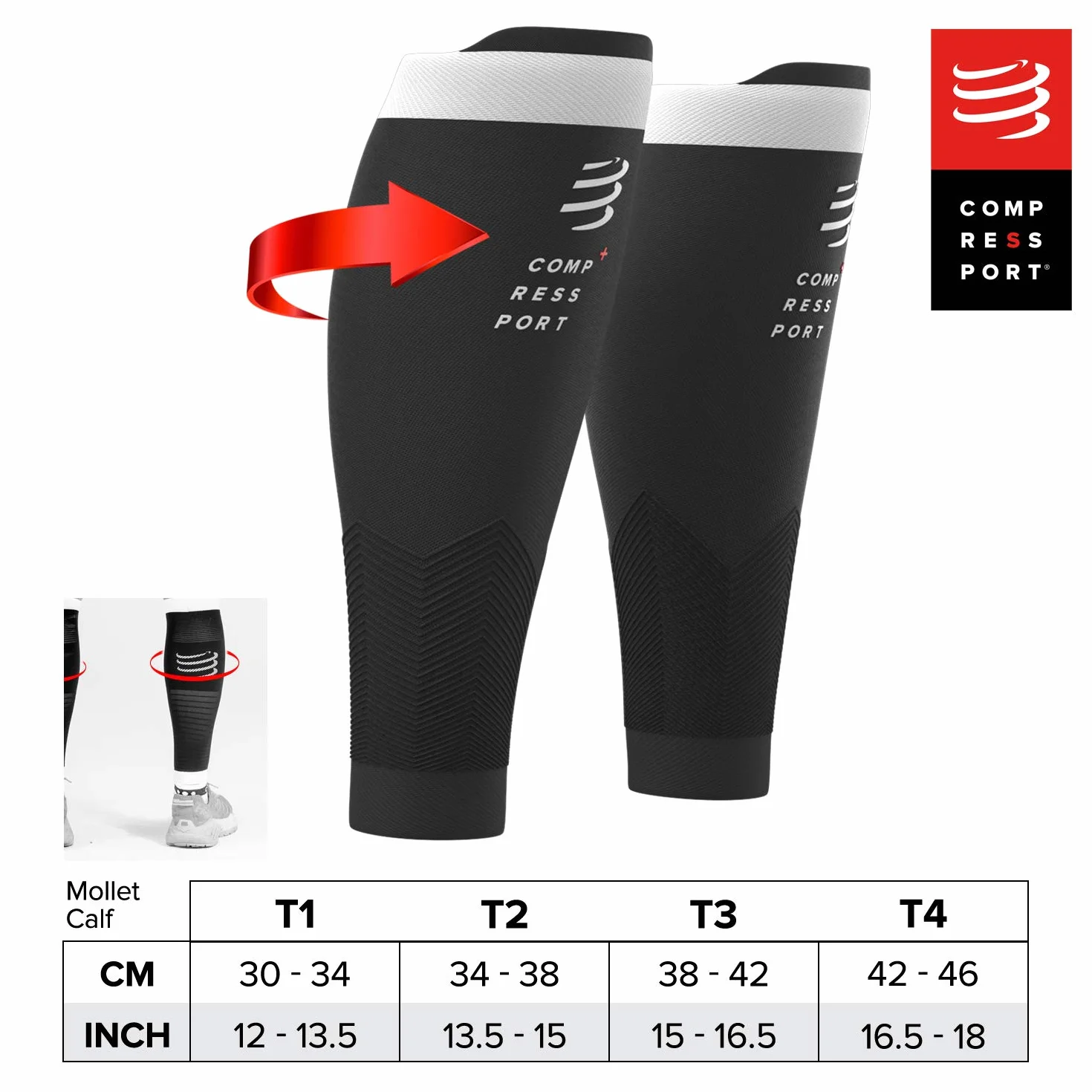 COMPRESSPORT - bandaż kompresyjny na łydki – R2V2 – ochrona mięśni, wydajność i rekreacja do uprawiania sportu – ultralekki i antystatyczny – bieganie, jazda na rowerze, do jazdy na rowerze i triatlonu