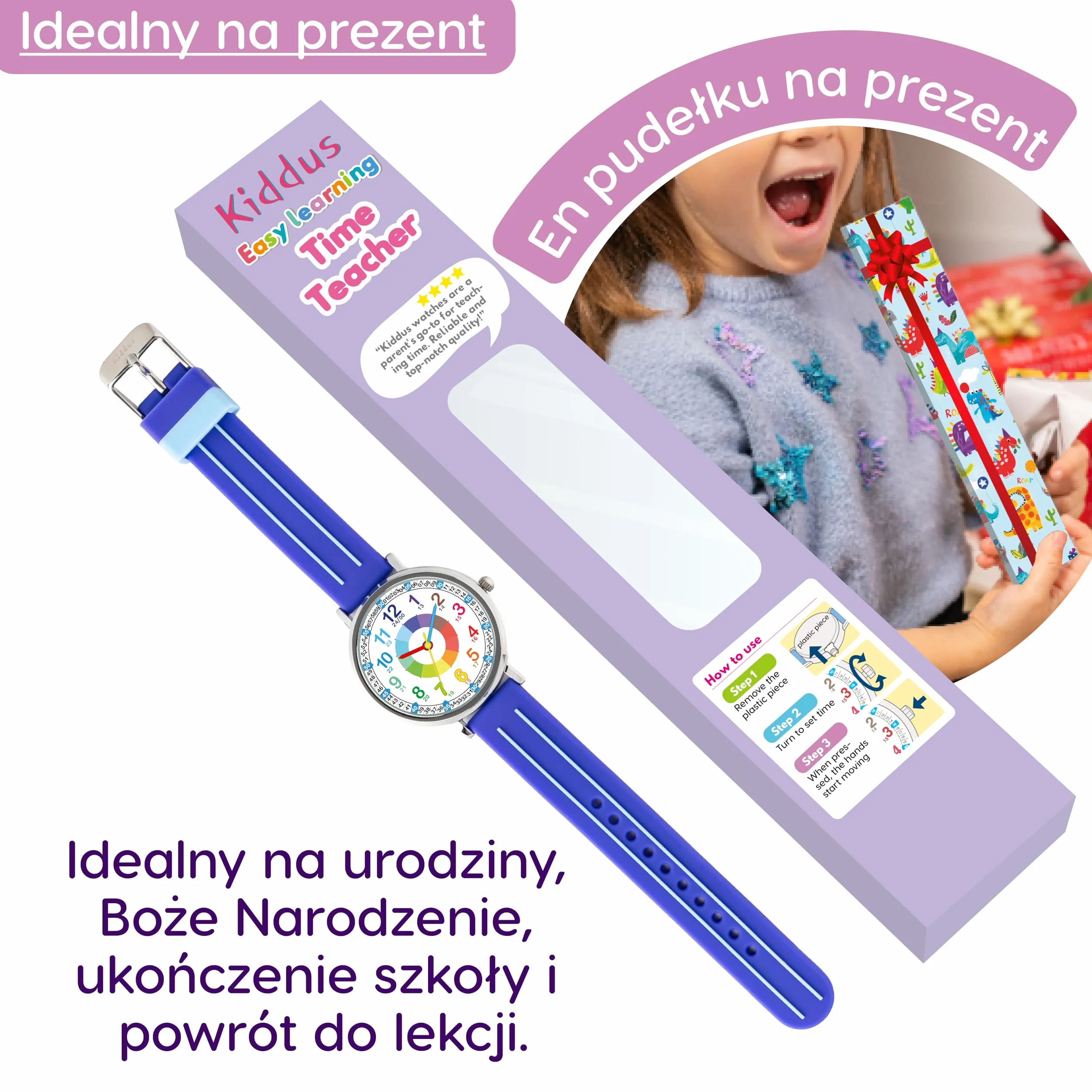 Kiddus Zegarek Edukacyjny Analogowy dla chłopca, dziewczynki. Naucz się Czytać Godzinę z naszym prostym systemem Time Teacher. Zawarte ćwiczenia. Mechanizm kwarcowy.
