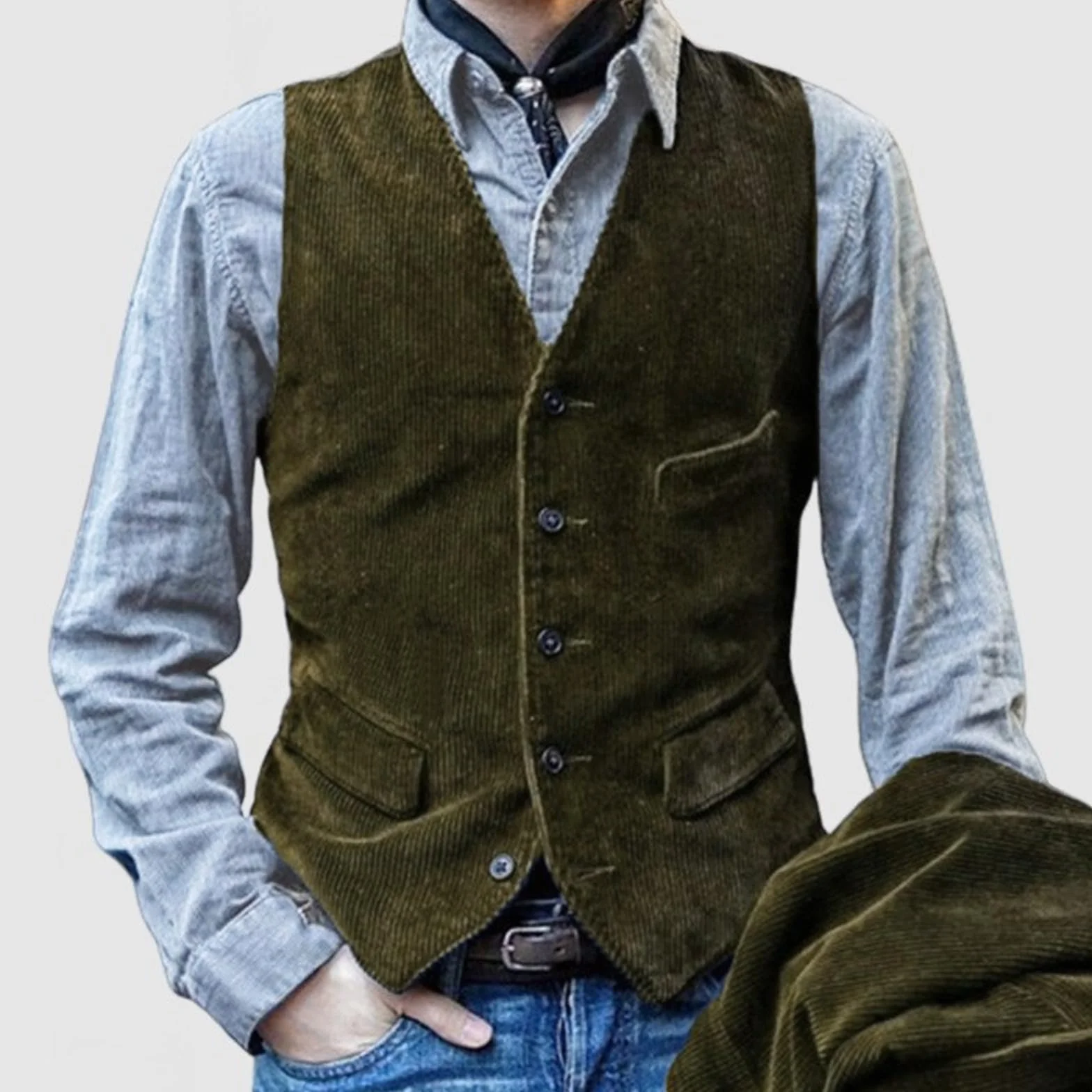 Męska kamizelka sztruksowa w stylu retro, na co dzień, slim fit, jednorzędowa kamizelka z dekoltem w serek, retro i na co dzień
