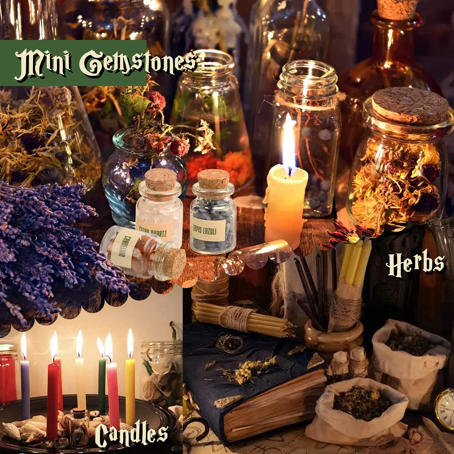 Hexenbastel-Starter-Set, Hexenzubehör für Wicca-Altar- 63 Stück Kristalle, getrocknete Kräuter, farbige Zauberkerzen, Charmtüten und Ritual Hexensalz für Zaubersprüche, Babyhexen