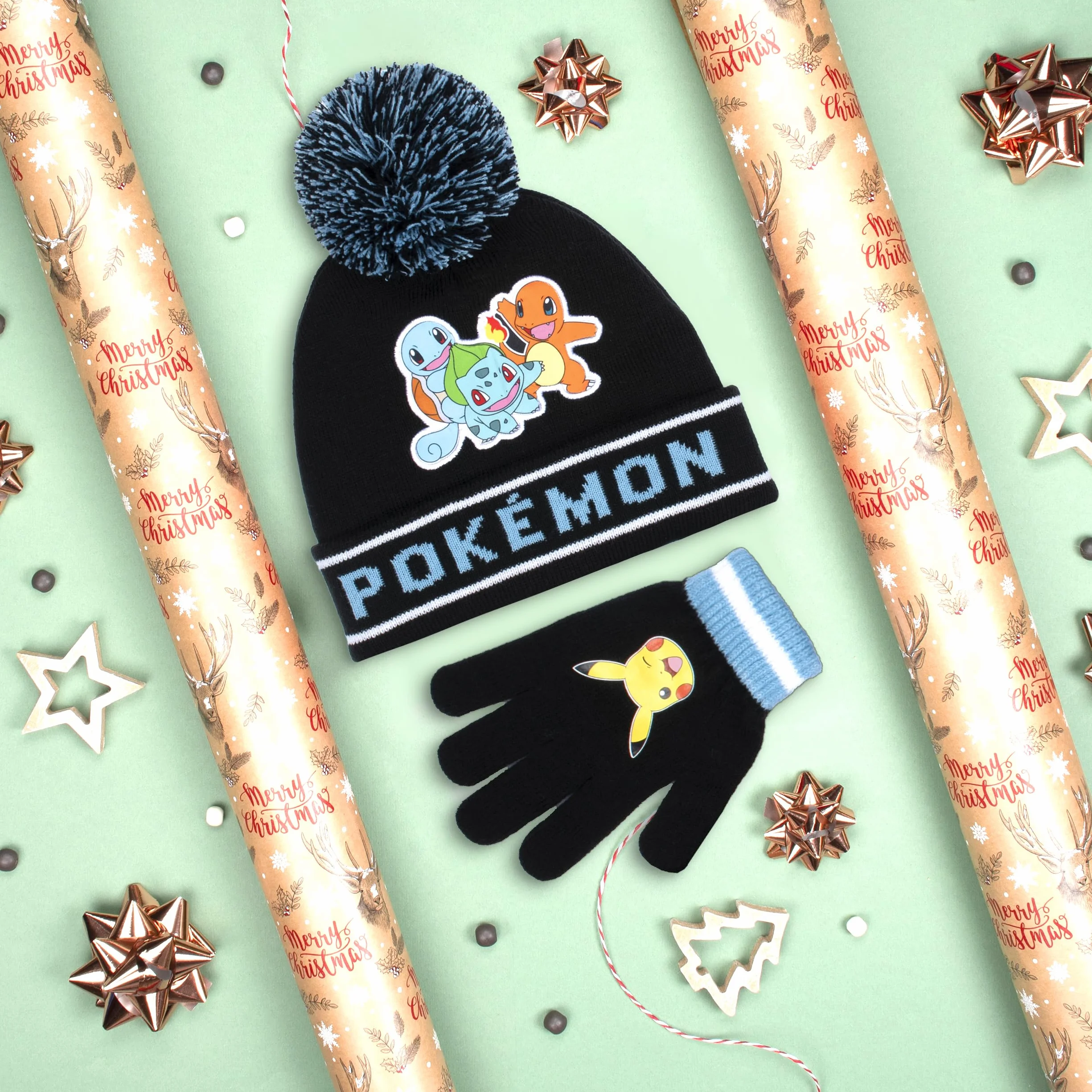 Pokemon Zimowa ciepła i wygodna czapka beanie i rękawiczki zestaw dla chłopców - wzór pikachu - idealny dla chłopców w wieku 6-12 lat - zestaw upominkowy