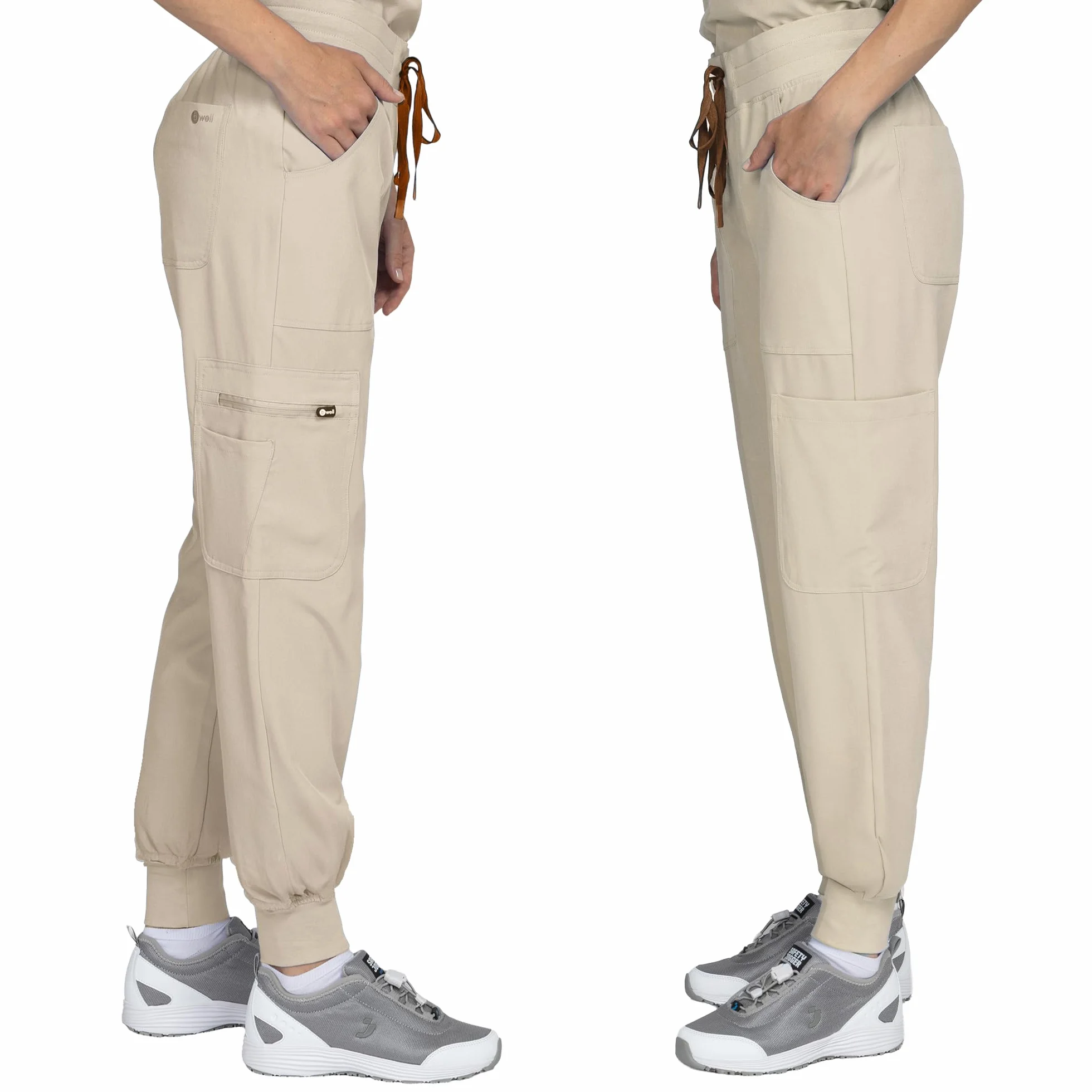 B-well Naomi Damen-Schrubb-Set Schlupfkasack + Schlupfhose Set Medizin Arzt Uniform Schlupfjacke Oberteil mit Hose Medizinische Berufsbekleidung mit Elastan (Sand, XL)