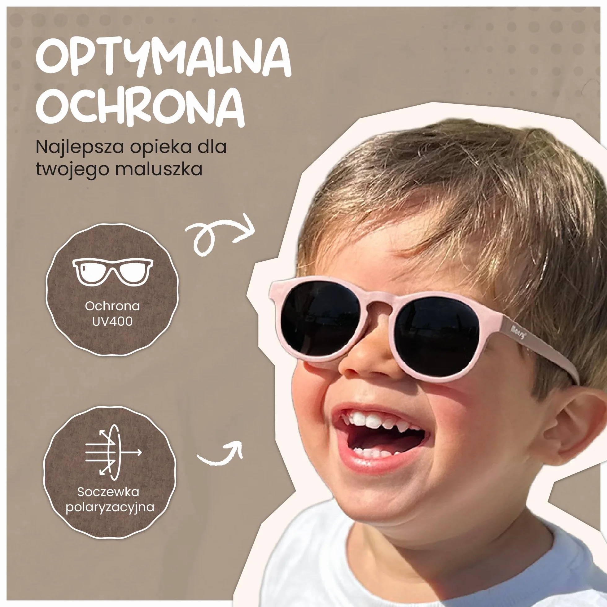 dziecięce okulary przeciwsłoneczne Bowi - 1-3 lata - elastyczne - regulowana gumka - ochrona polaryzacyjna UV400 - maluch i przedszkolak - chłopcy i dziewczynki - okrągłe