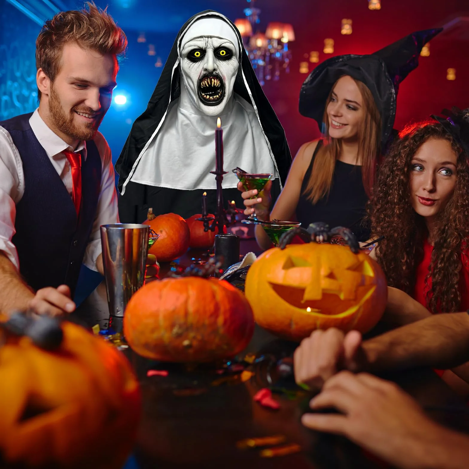Kostium na Halloween, maska na Halloween, przerażająca zakonnica, maska na całą głowę, wykonana z lateksu, idealna na Halloween, imprezy z horroru i imprezy kostiumowe, uniseks