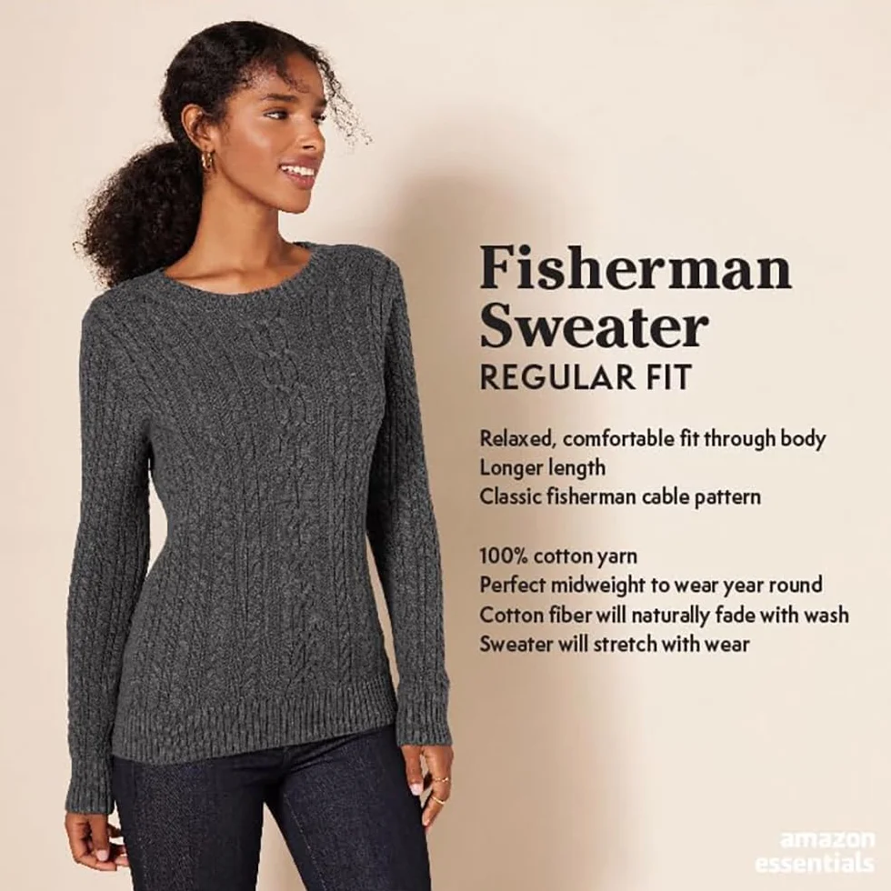 Amazon Essentials Kobiety Fisherman Cable sweter z długim rękawem i okrągłym dekoltem (dostępny w dużych rozmiarach)