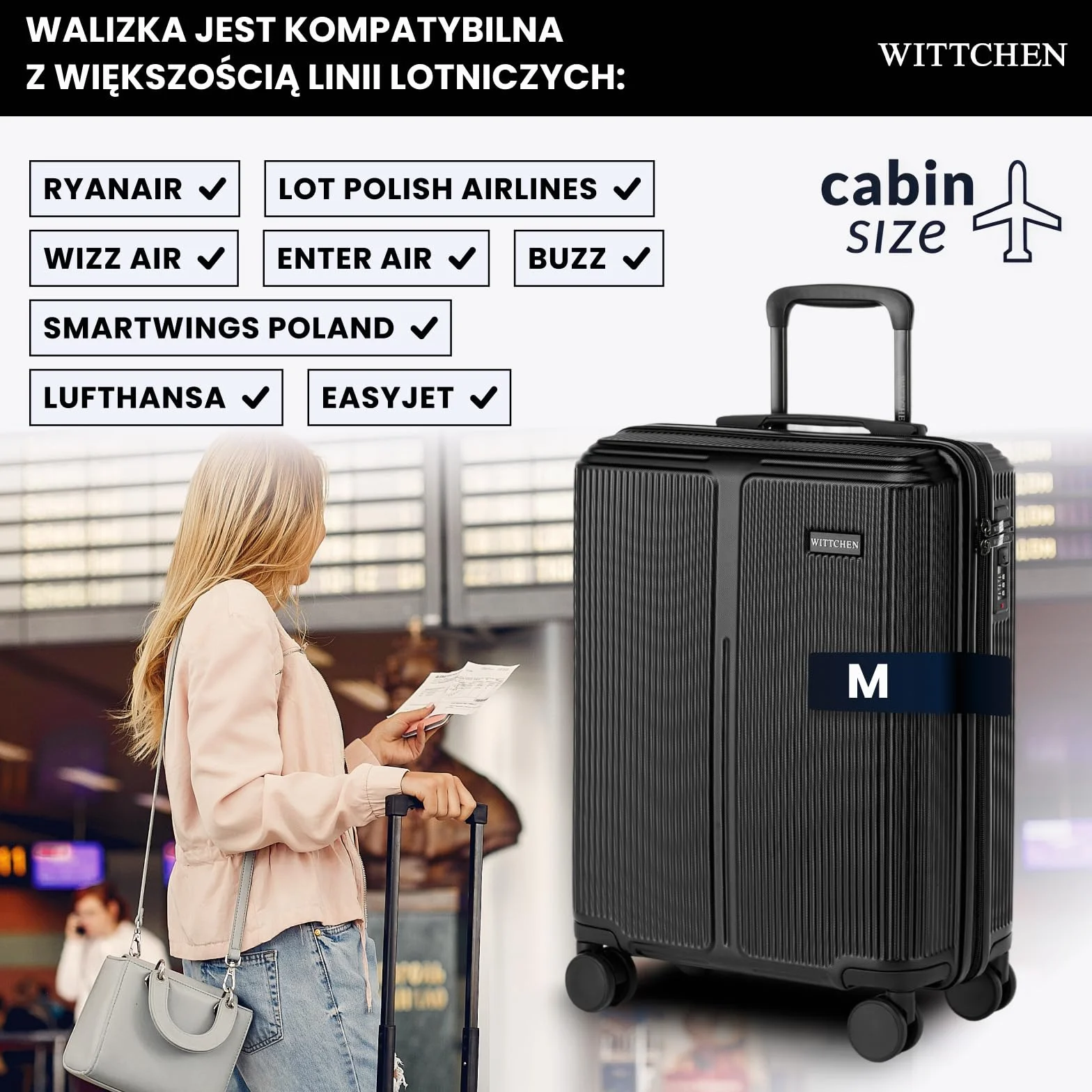WITTCHEN Stripes Line Walizka kabinowa Bagaż podręczny Mała walizka ABS 4 podwójne kółka Teleskopowy uchwyt Zamek szyfrowy Czarny